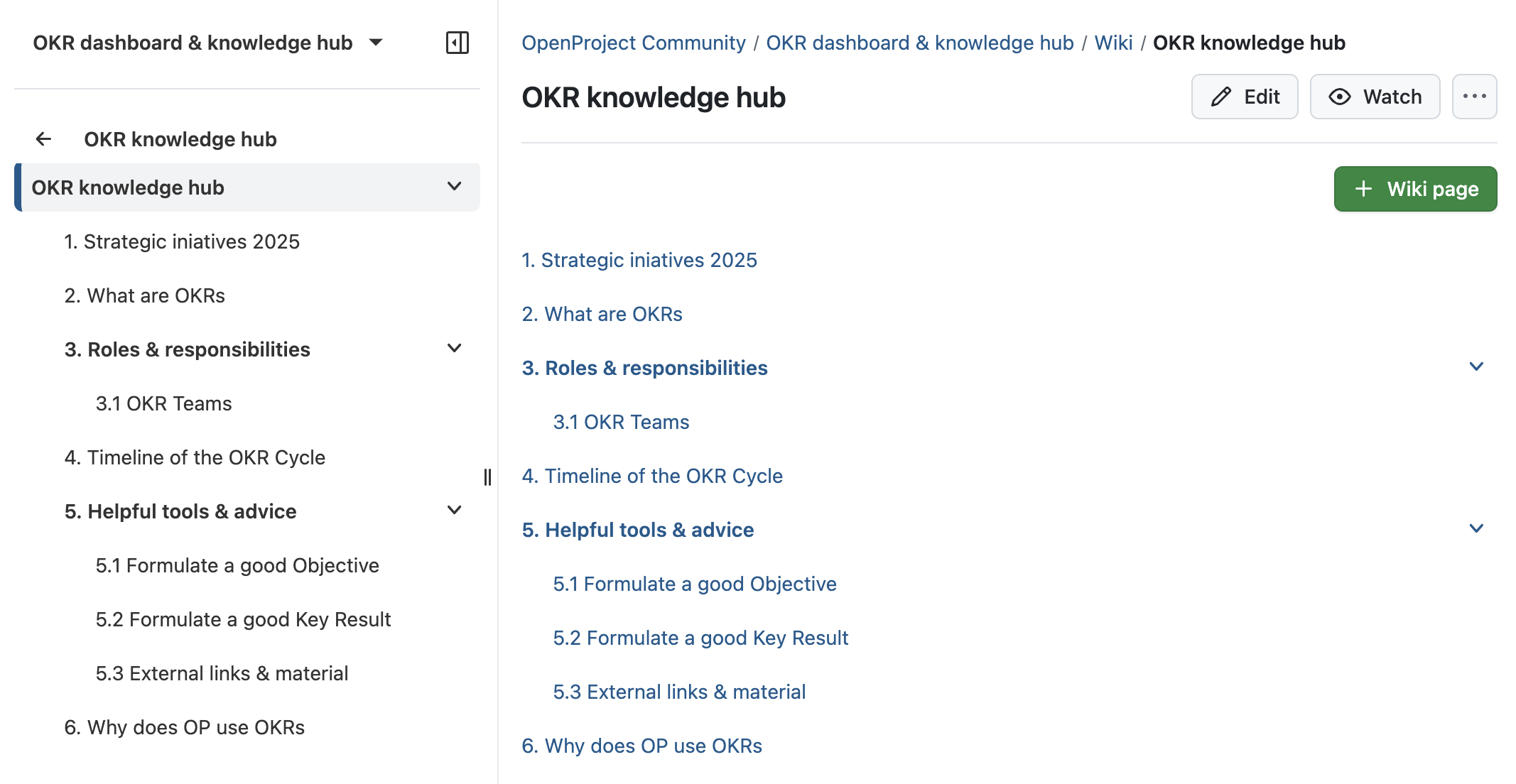 OKR project wiki called “OKR knowledge hub” in OpenProject