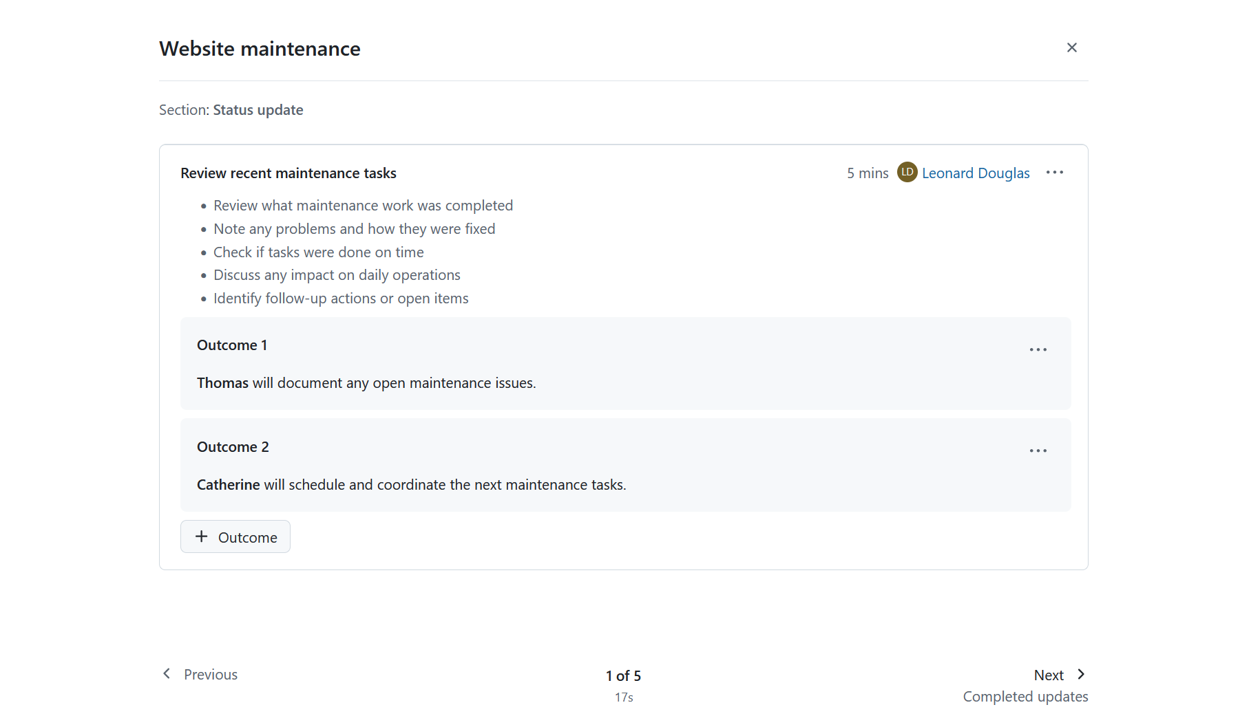 OpenProject meeting presentation mode with only one agenda item shown, “previous” and “next” options on the bottom and an indicator it’s page 1/5.