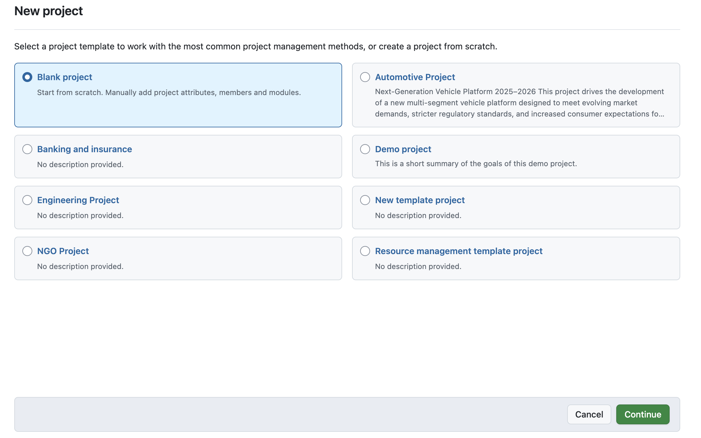 OpenProject “New project” creation showing several pre-created templates to choose from, including a selected “Blank project”. Below are buttons to “Cancel” and “Continue”
