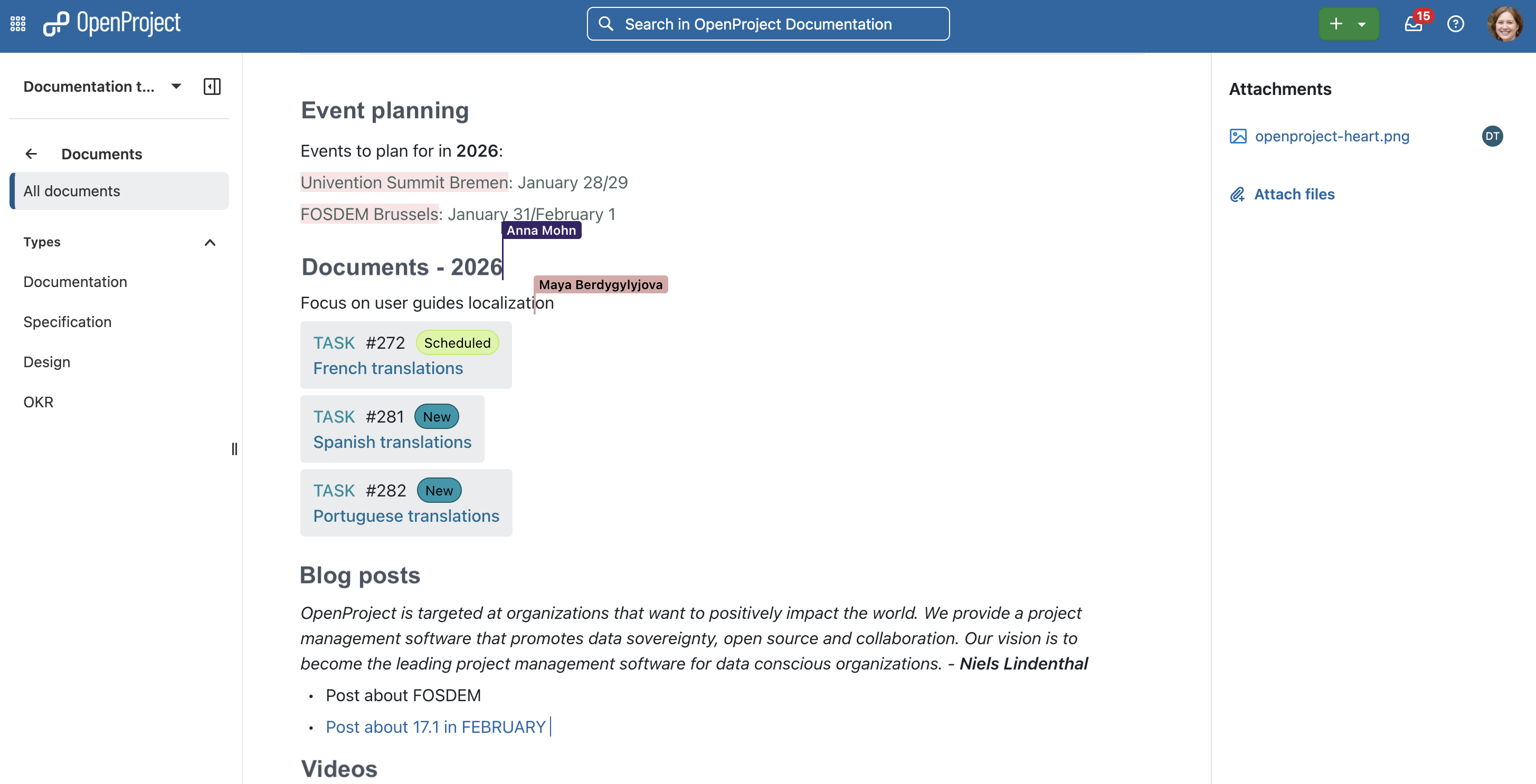 OpenProject Documents module showing a document “Planning of the year 2026” with 3 active editors