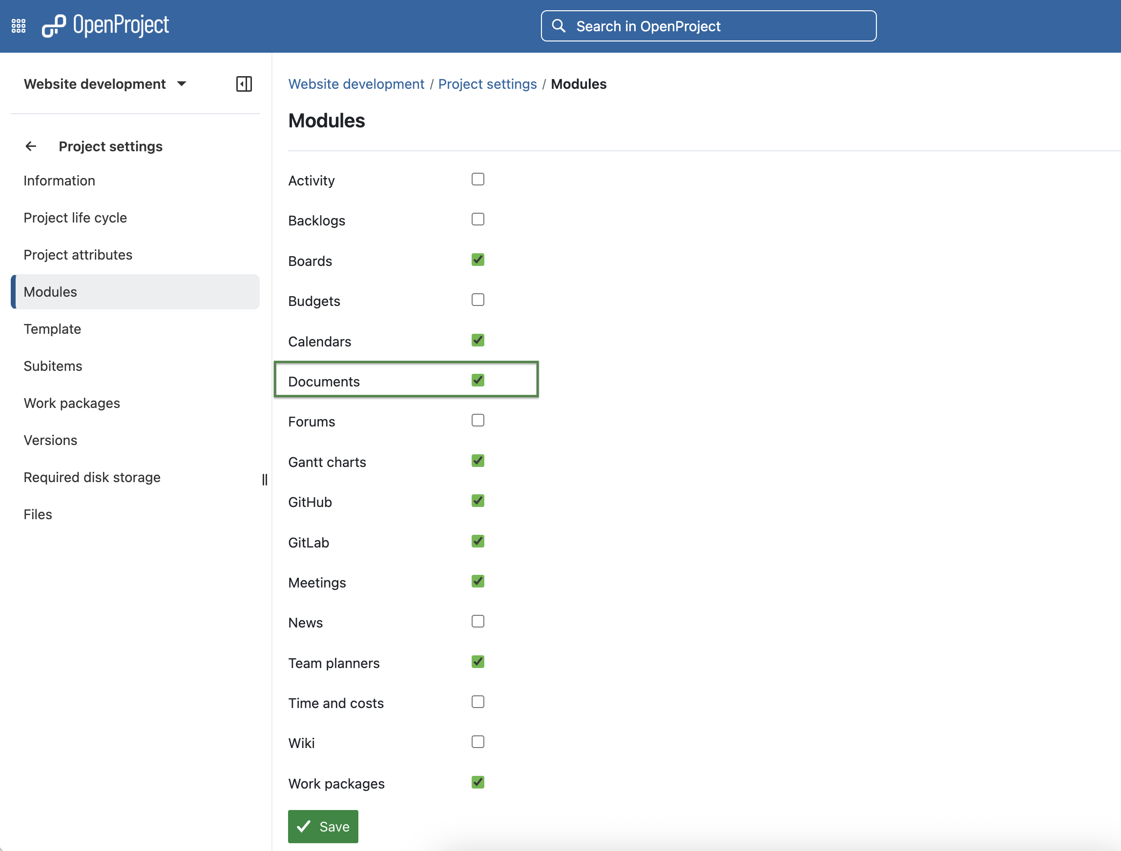 OpenProject project settings - modules, with highlighted Documents enabled