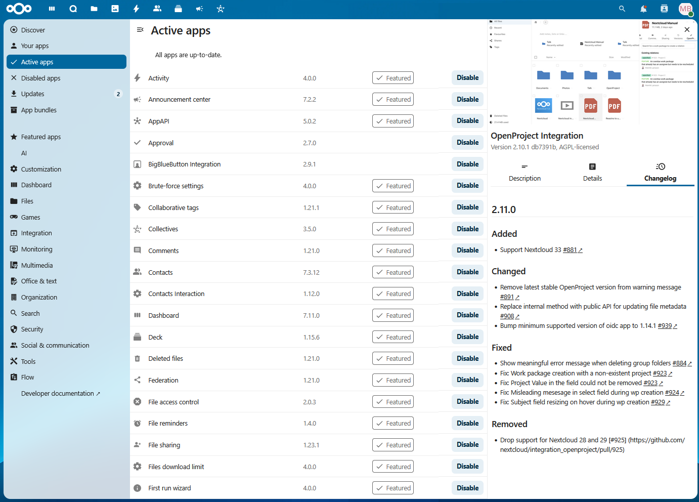 OpenProject integration app for Nextcloud released in version 2.11.0