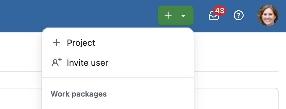 Botão mais no cabeçalho para adicionar um novo projeto no OpenProject