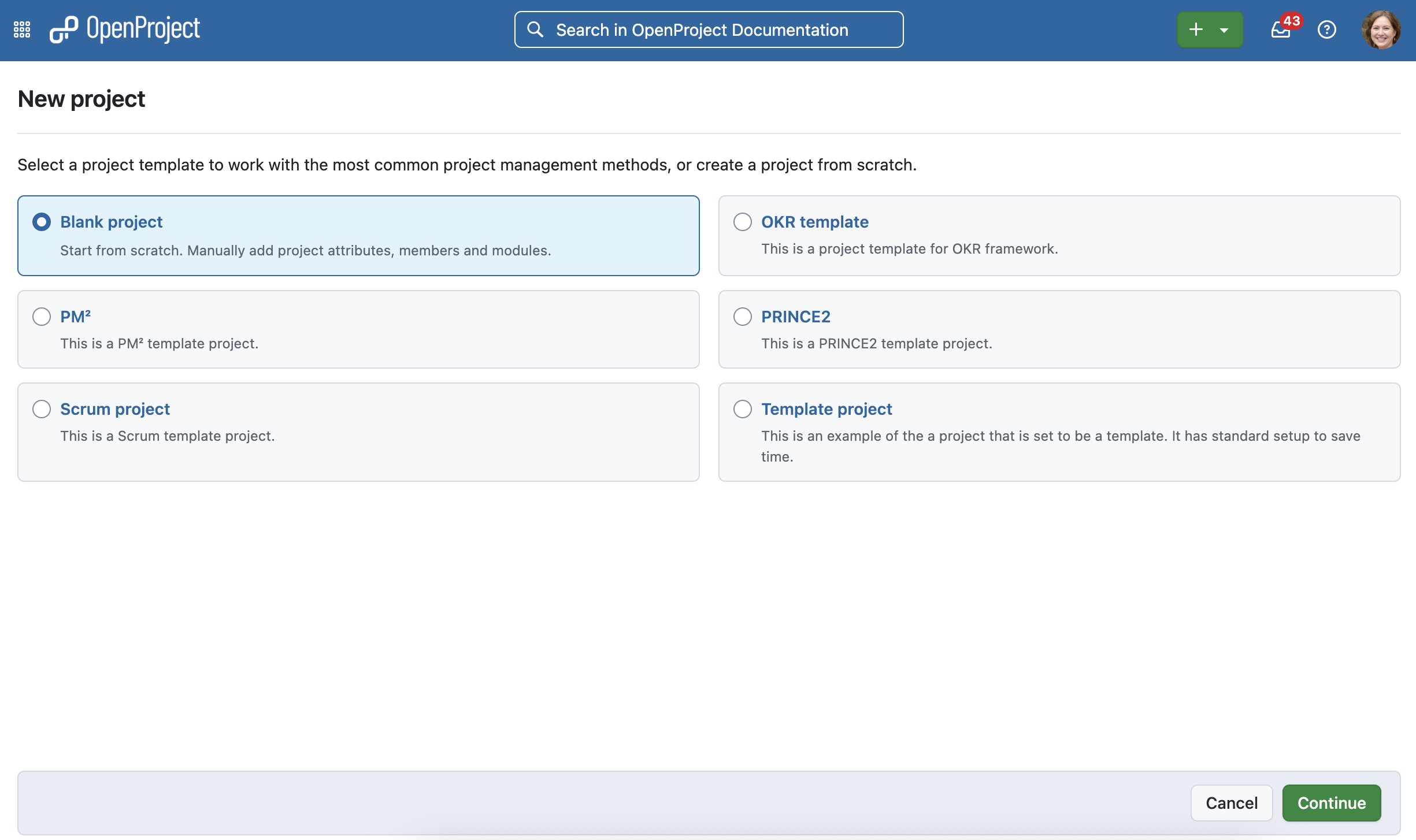 Página de seleção de modelos do OpenProject