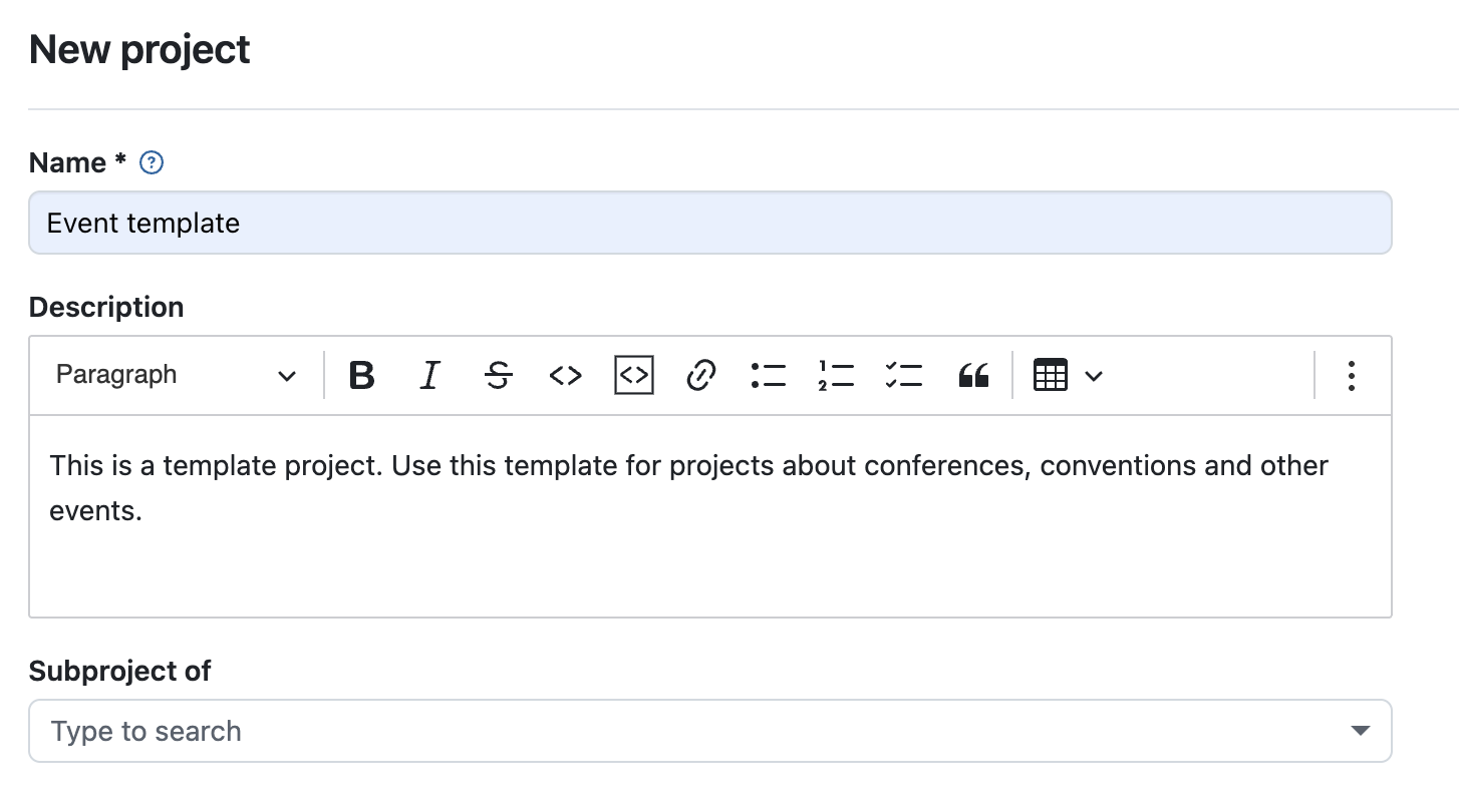 Formulário de projeto OpenProject para preencher com o nome do projeto - “Modelo de evento” neste exemplo, mais a descrição e selecionar se é um subprojecto de outro projeto