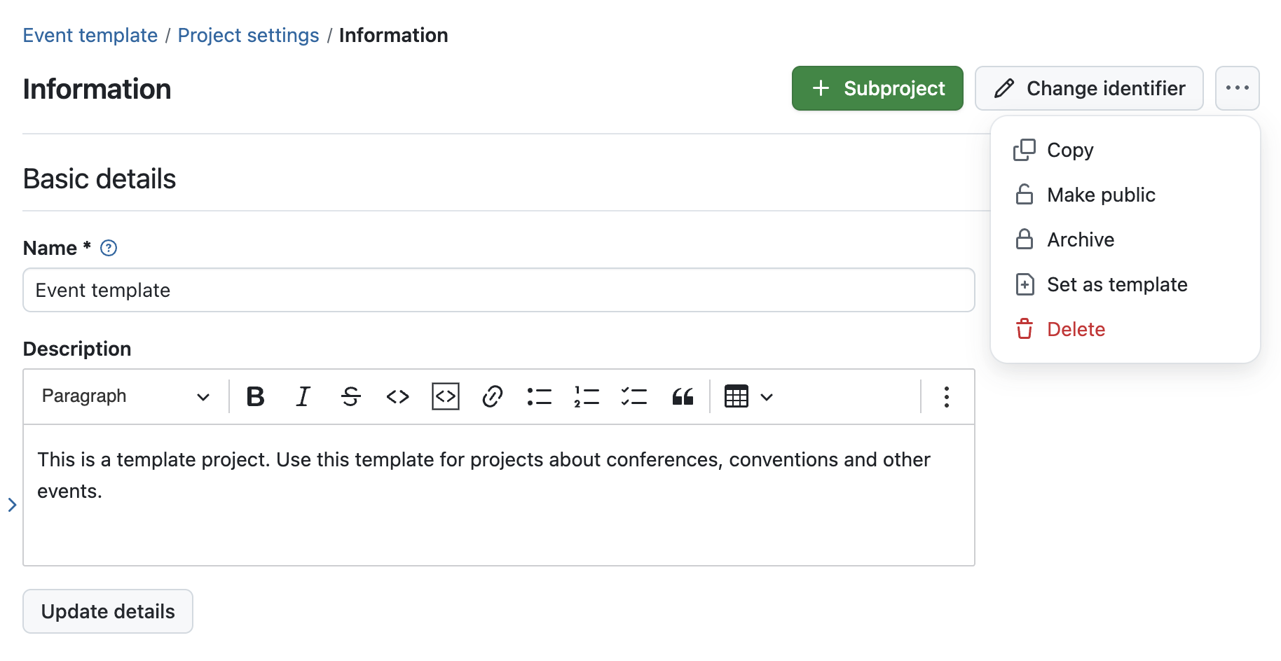 Formulário de projeto OpenProject no canto superior direito com menu pendente para definir como modelo