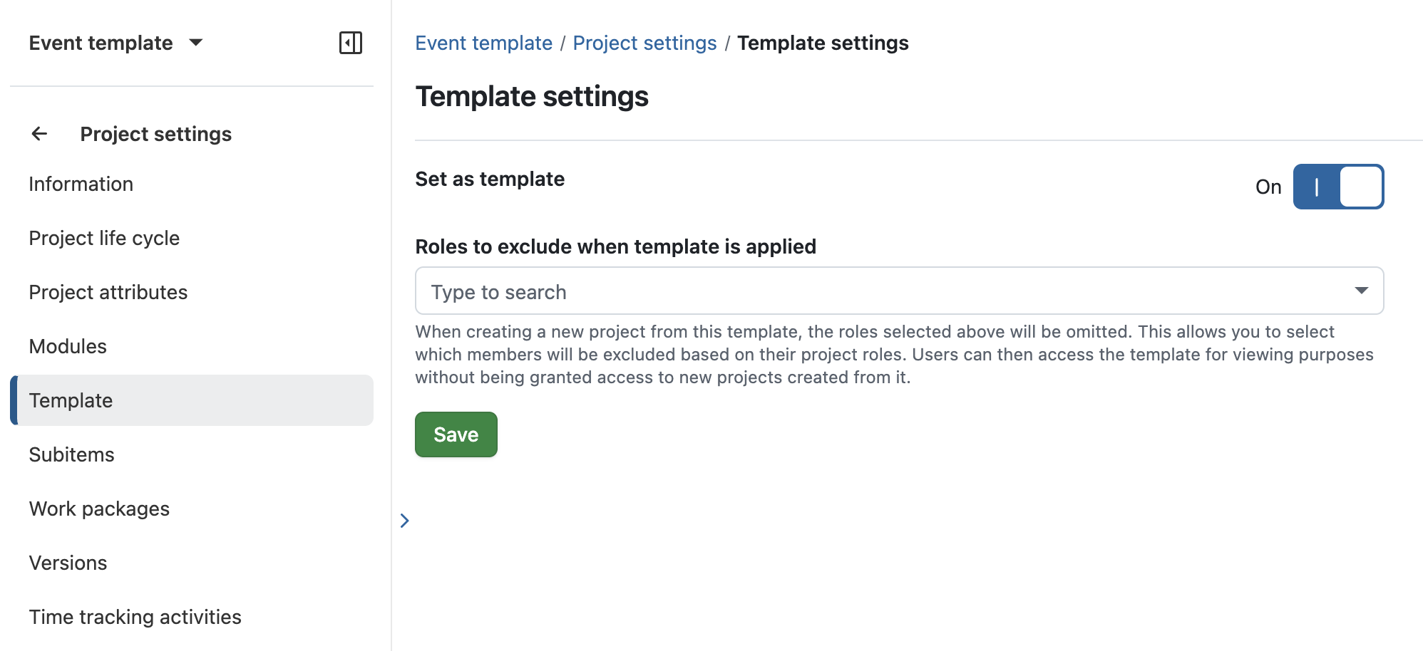 Definições do projeto OpenProject para ativar como modelo