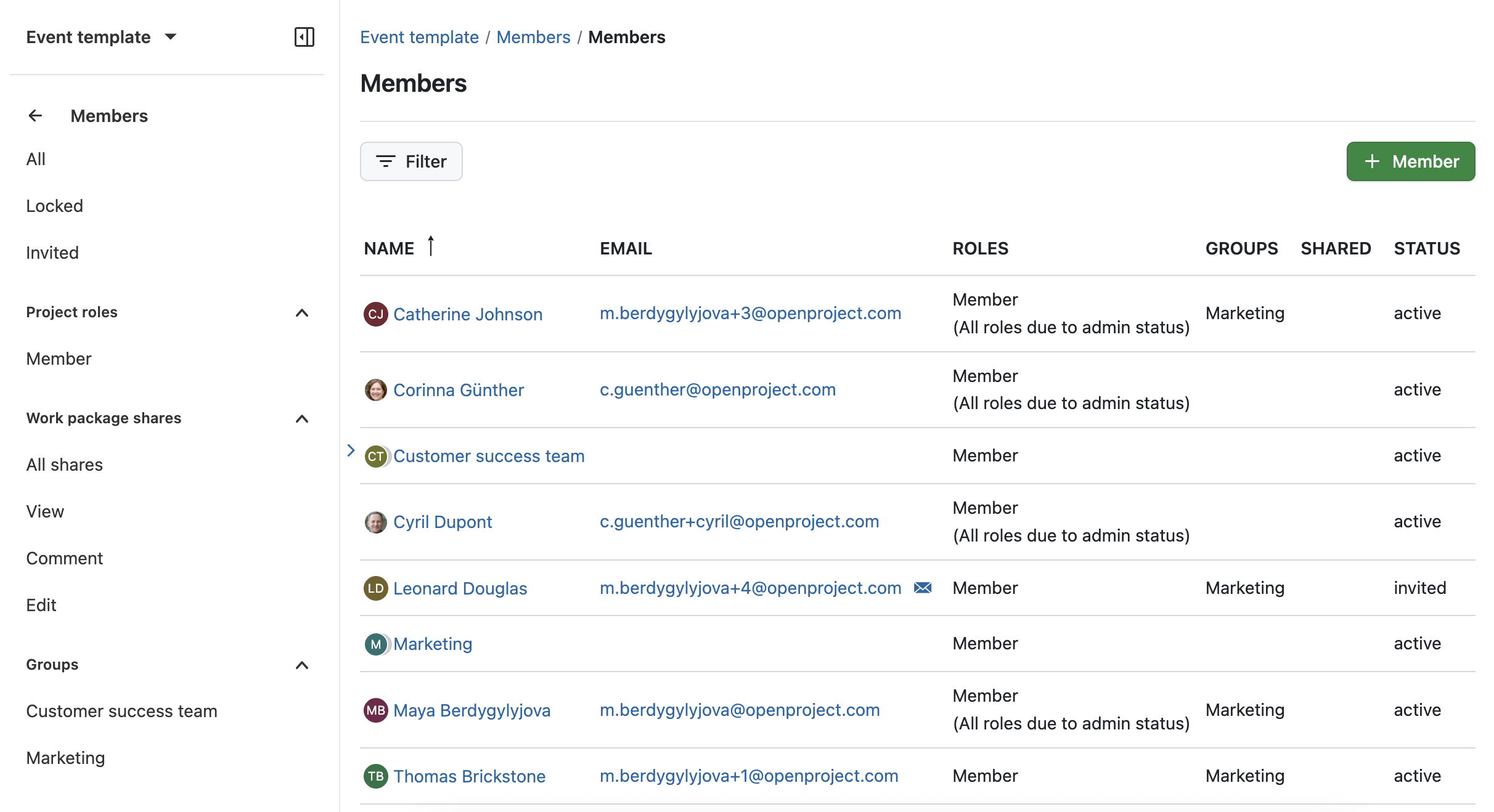 Módulo de membros do OpenProject apresentado com alguns membros