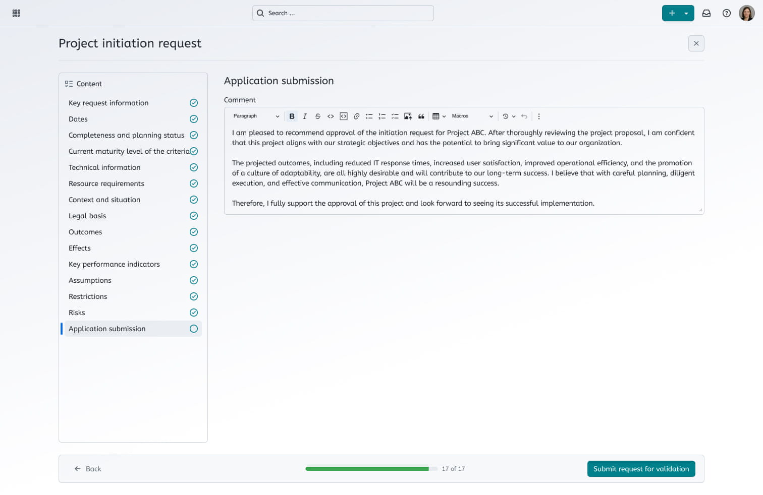 Mockup showing interface to submit a project initiation request in OpenProject