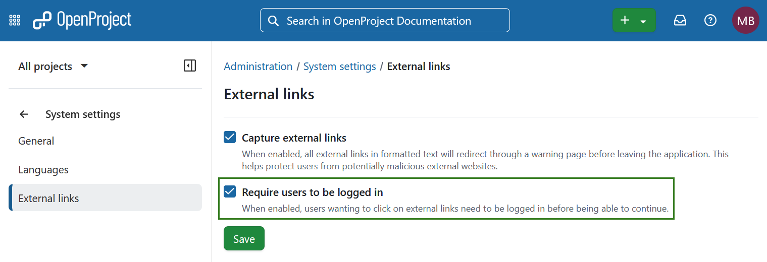 Page de configuration de l’administration d’OpenProject pour les liens externes avec l’option activée pour exiger que les utilisateurs soient connectés avant de suivre les liens externes
