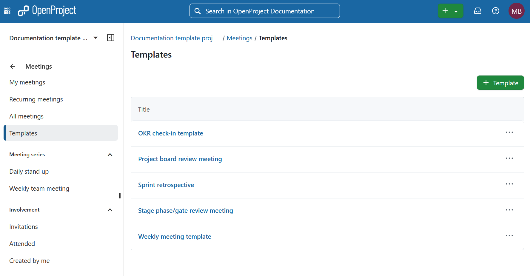 Module des réunions OpenProject montrant la page Modèles avec des modèles de réunions réutilisables tels que le modèle d’enregistrements OKR, la rétrospective sprint, et le modèle de réunion hebdomadaire