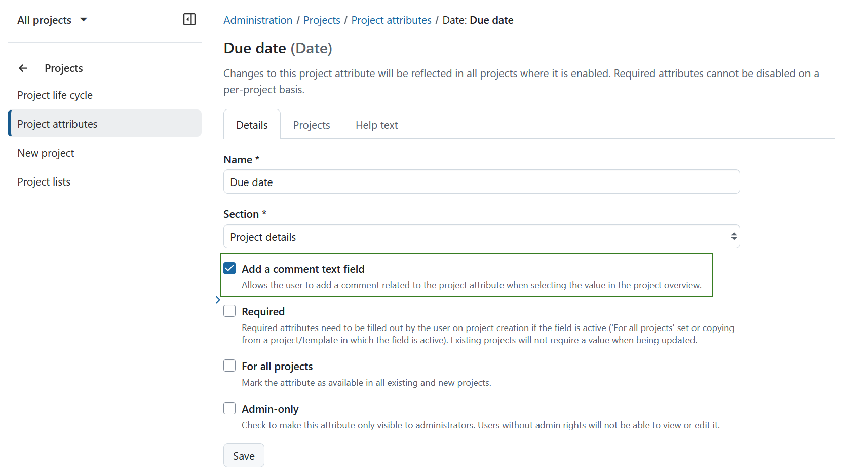 L’interface d’administration d’OpenProject pour les attributs de projet montre l’option d’ajouter un champ de texte de commentaire lors de la configuration d’un attribut de projet.