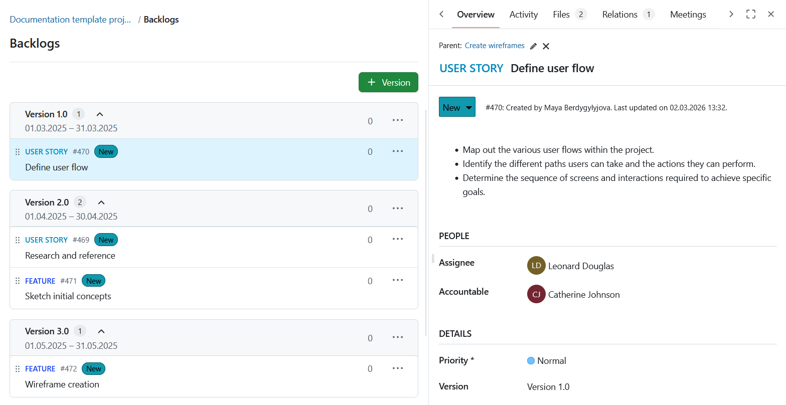 Module OpenProject Backlogs montrant un backlog organisé par versions avec les lots de travaux listés à gauche et les détails des lots de travaux affichés dans un écran partagé à droite.