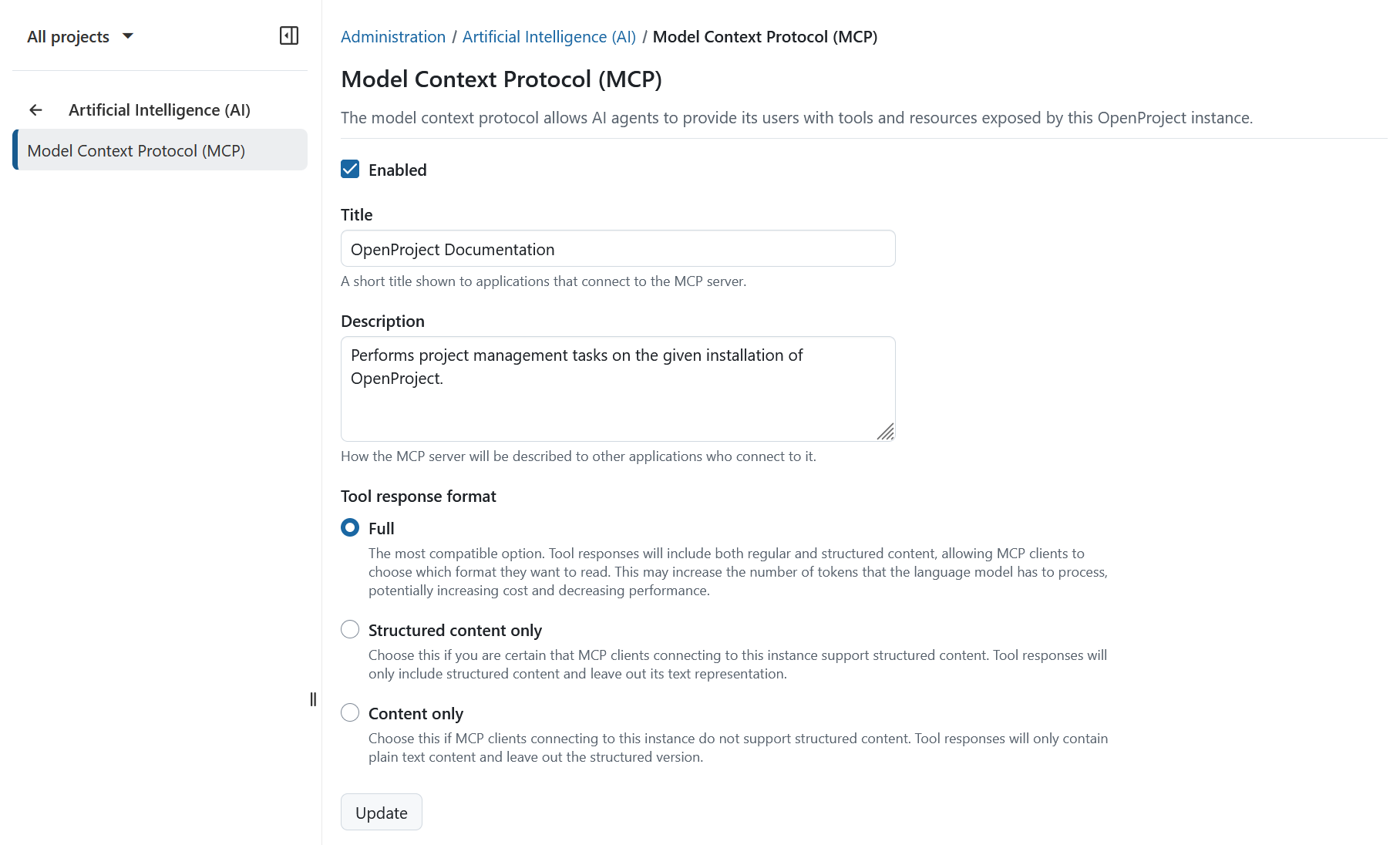 Page d’administration d’OpenProject montrant les paramètres du protocole de contexte de modèle (MCP), y compris les options permettant d’activer le serveur MCP et de configurer le titre, la description et le format de la réponse de l’outil