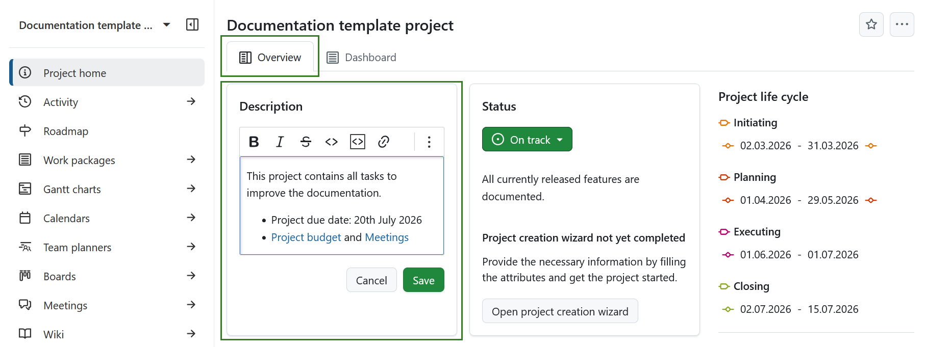 Page de présentation du projet OpenProject montrant le widget de description du projet en cours d’édition en ligne avec des options de formatage et un bouton d’enregistrement