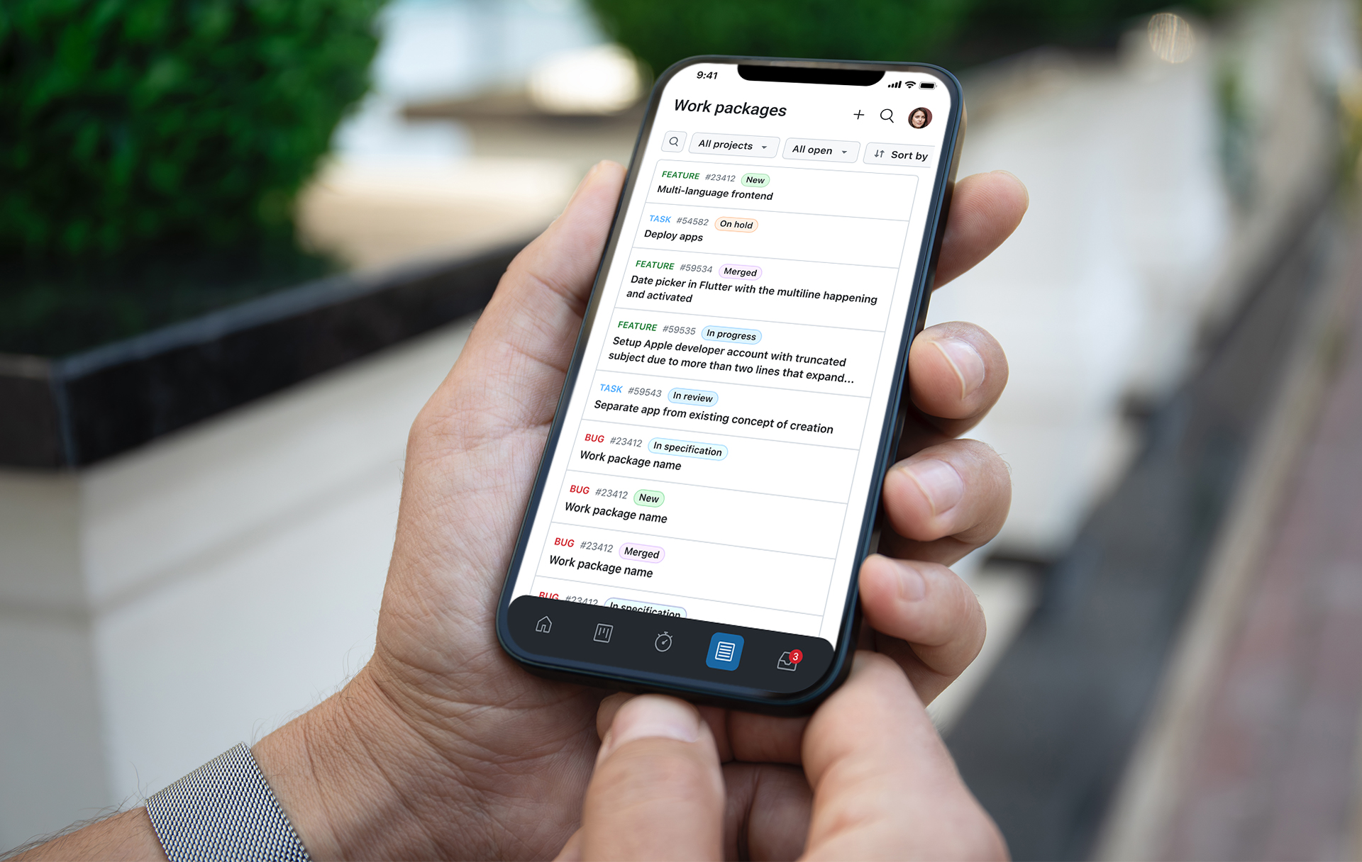 A demonstration of the OpenProject mobile app in beta version displayed on a mobile device