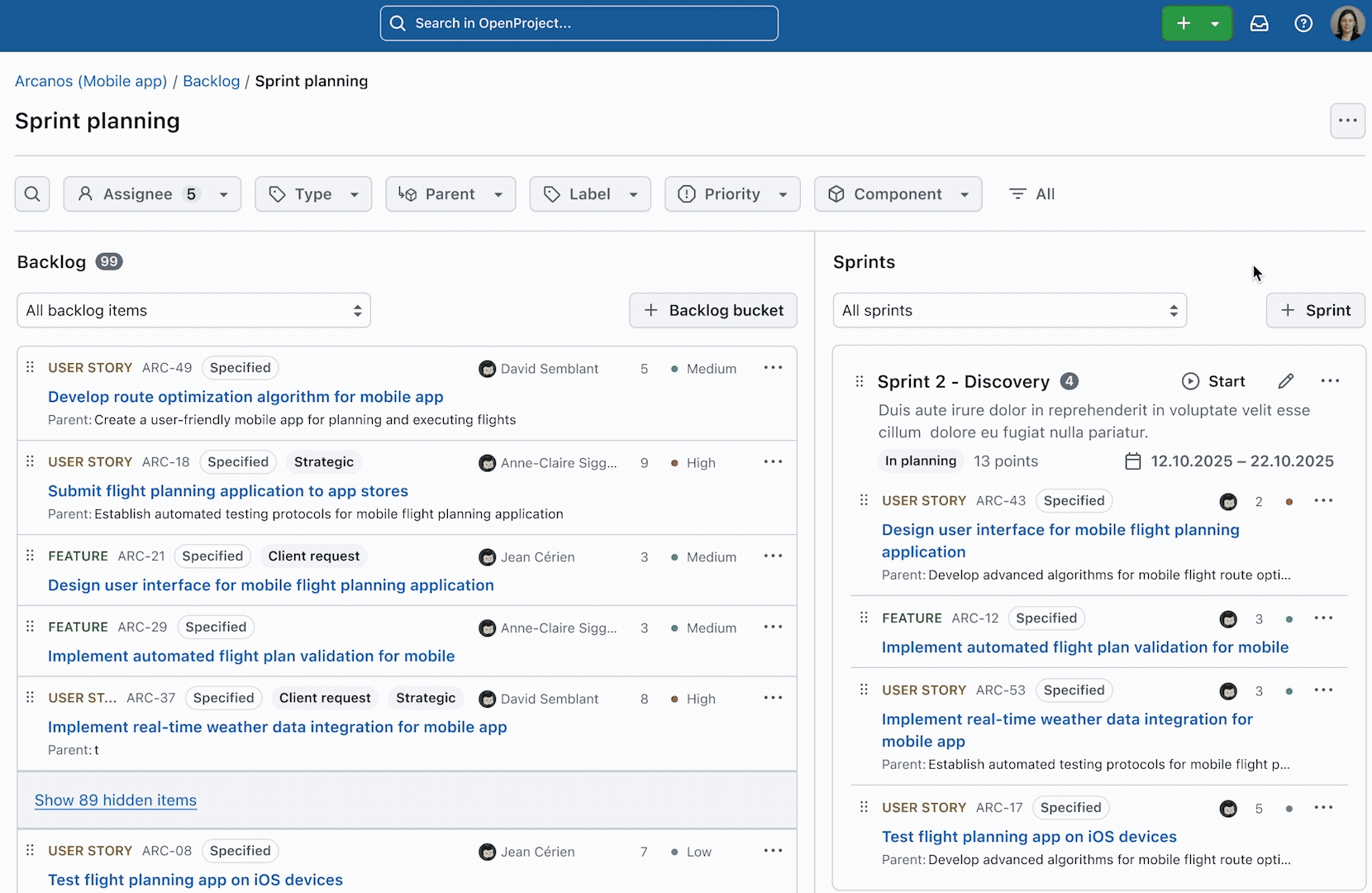 GIF preview: OpenProject sprint planning