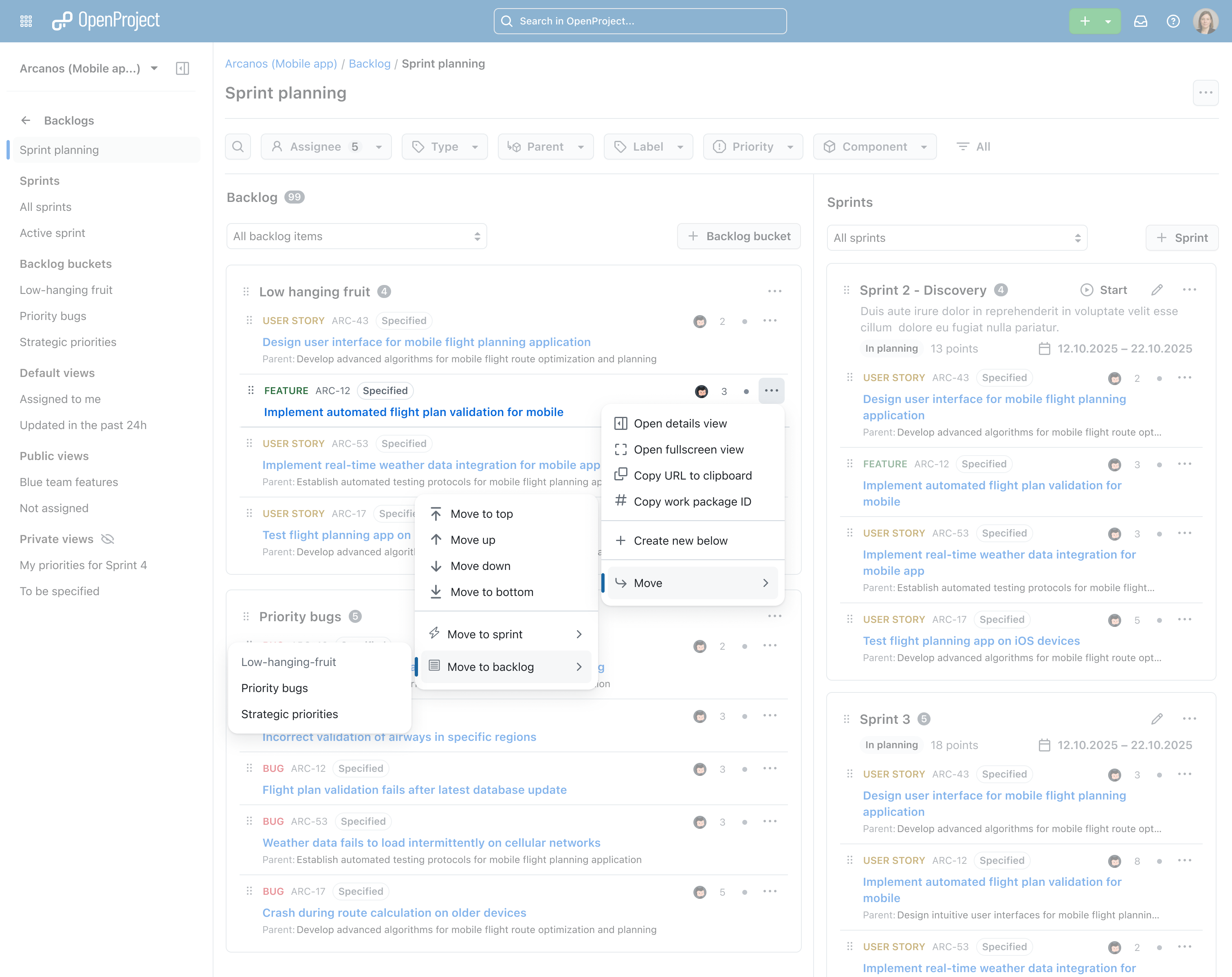Aperçu : Planification de sprint avec OpenProject, déplacement vers le backlog