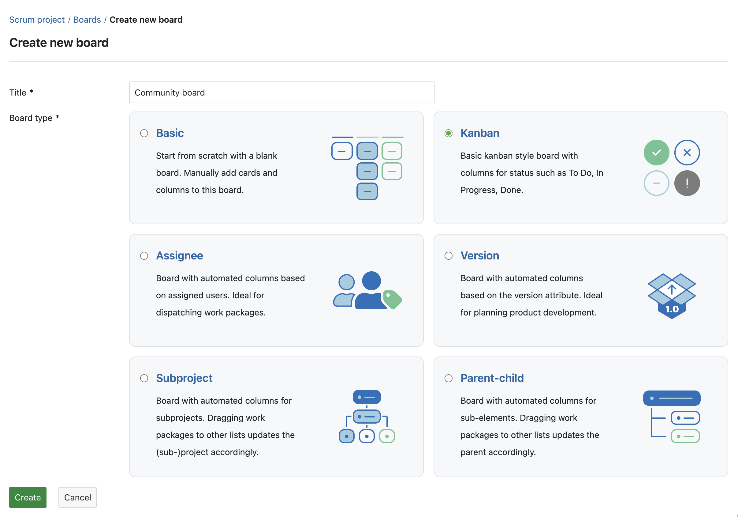 OpenProject boards overview - creating a new board and choose from the following types: Basic, Kanban, Assignee, Version, Subproject, Parent-child