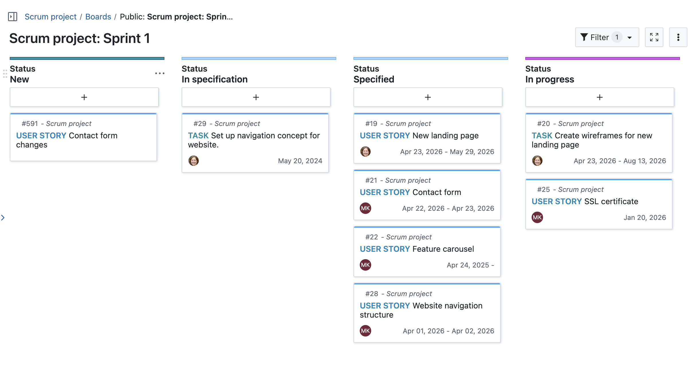 Sprint board in OpenProject version 17.3