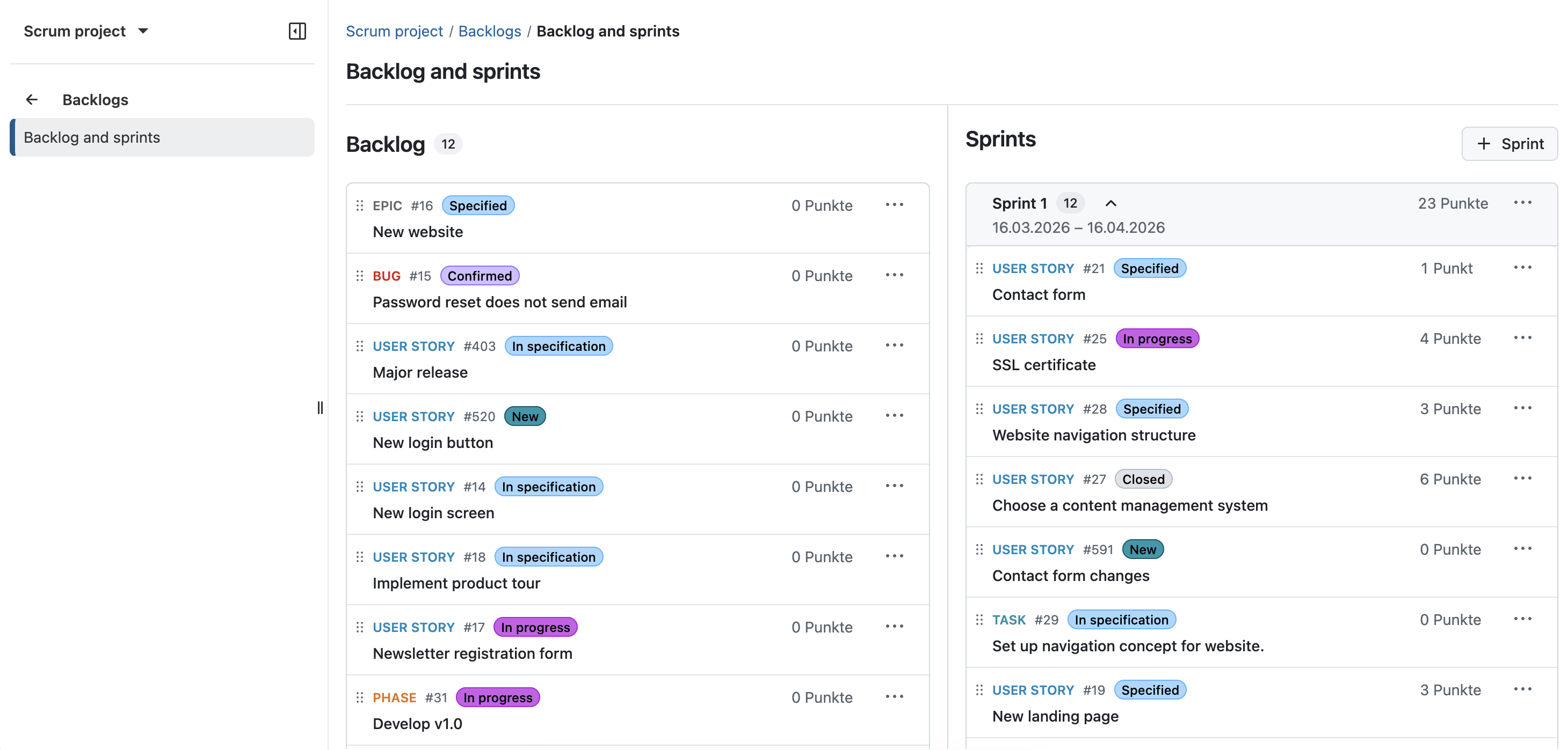 OpenProject Backlogs module in version 17.3: Divided into Backlog and Sprints