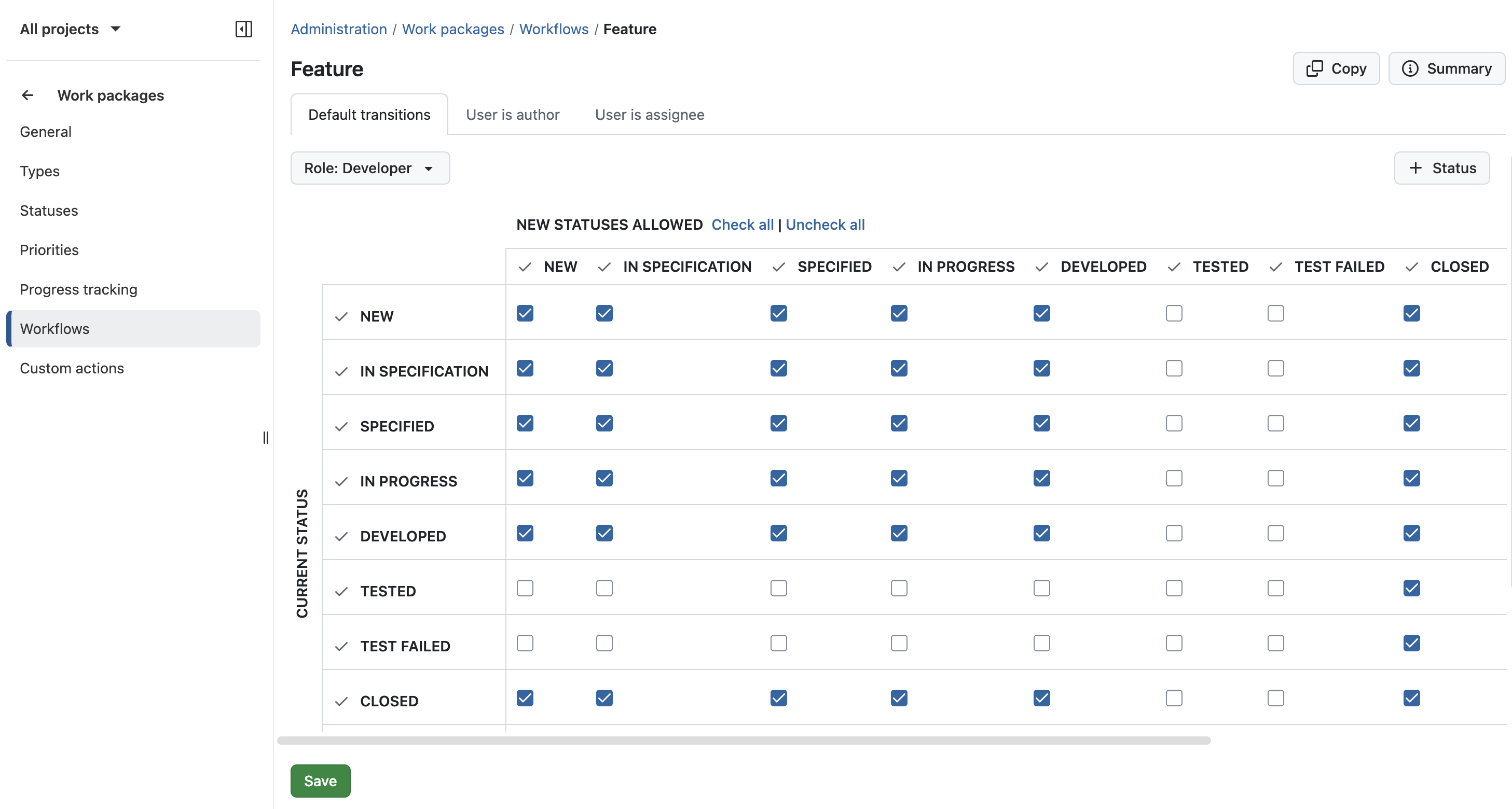 Screenshot showing a table with checked and unchecked boxes, providing a workflow in OpenProject