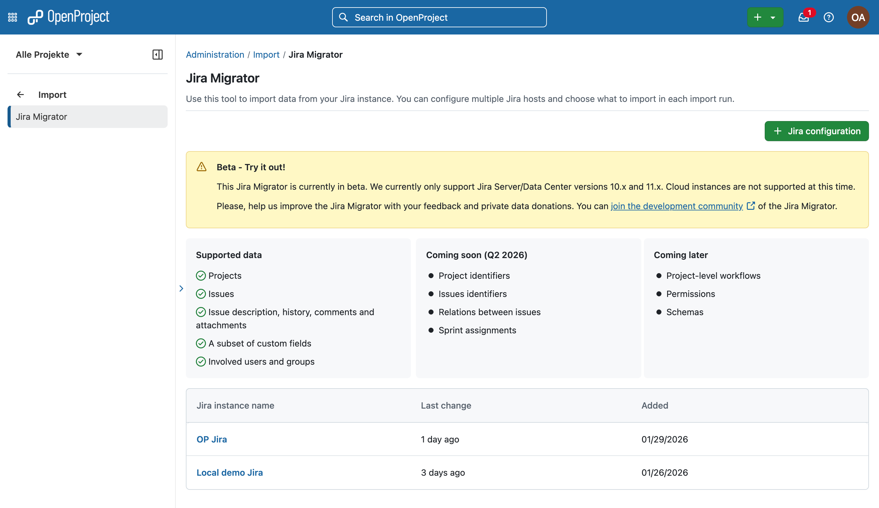 OpenProject Jira Migrator mit Hinweis auf die Beta-Version sowie einer Übersicht unterstützter und geplanter Funktionen
