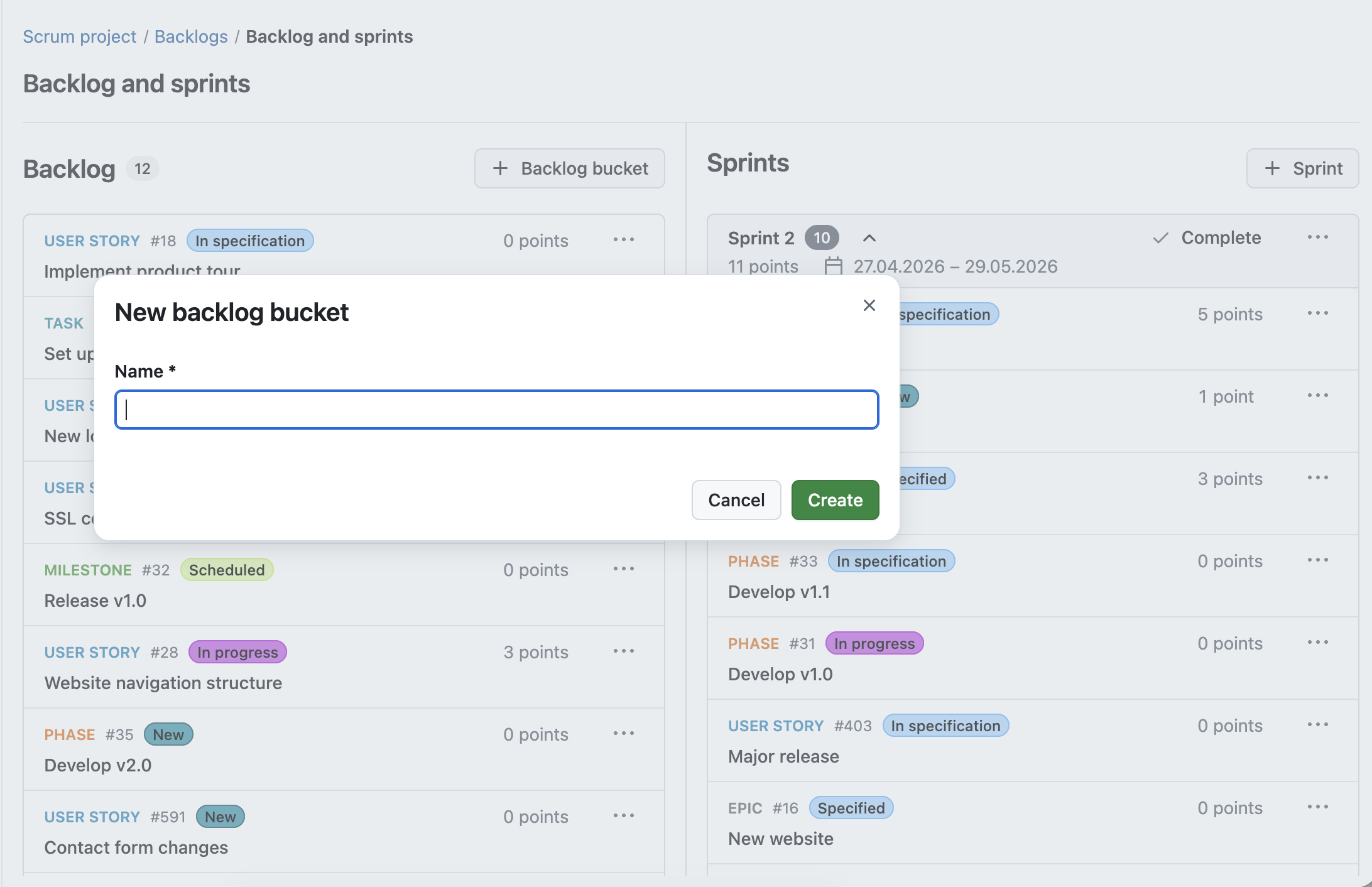 Overlay zum Erstellen eines neuen Backlog bucket in OpenProject, Benutzer:innen können Backlog buckets benennen