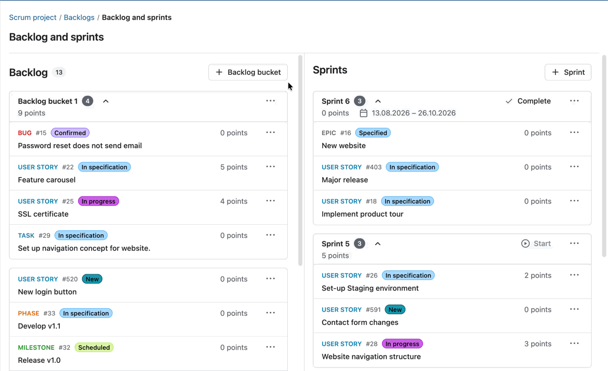 Gif, welches zeigt, wie man ein Arbeitspaket per Drag &amp; Drop aus dem Backlog bucket in einen Sprint zieht und dann darauf klickt, um es in der geteilten Ansicht zu öffnen