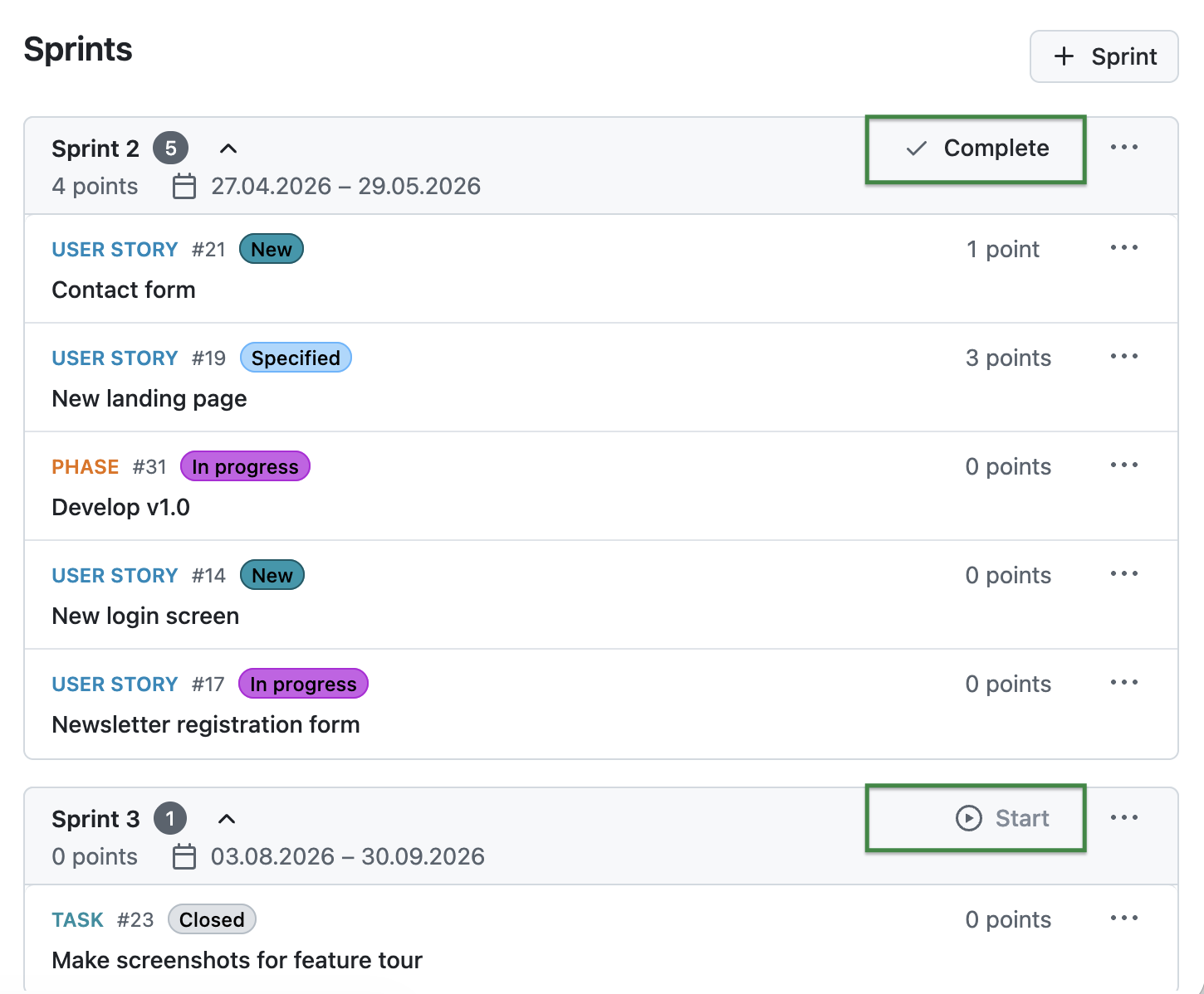 OpenProject Backlogs Modul, Spalte Sprints mit markierten Schaltflächen: “Abschließen” und “Starten”