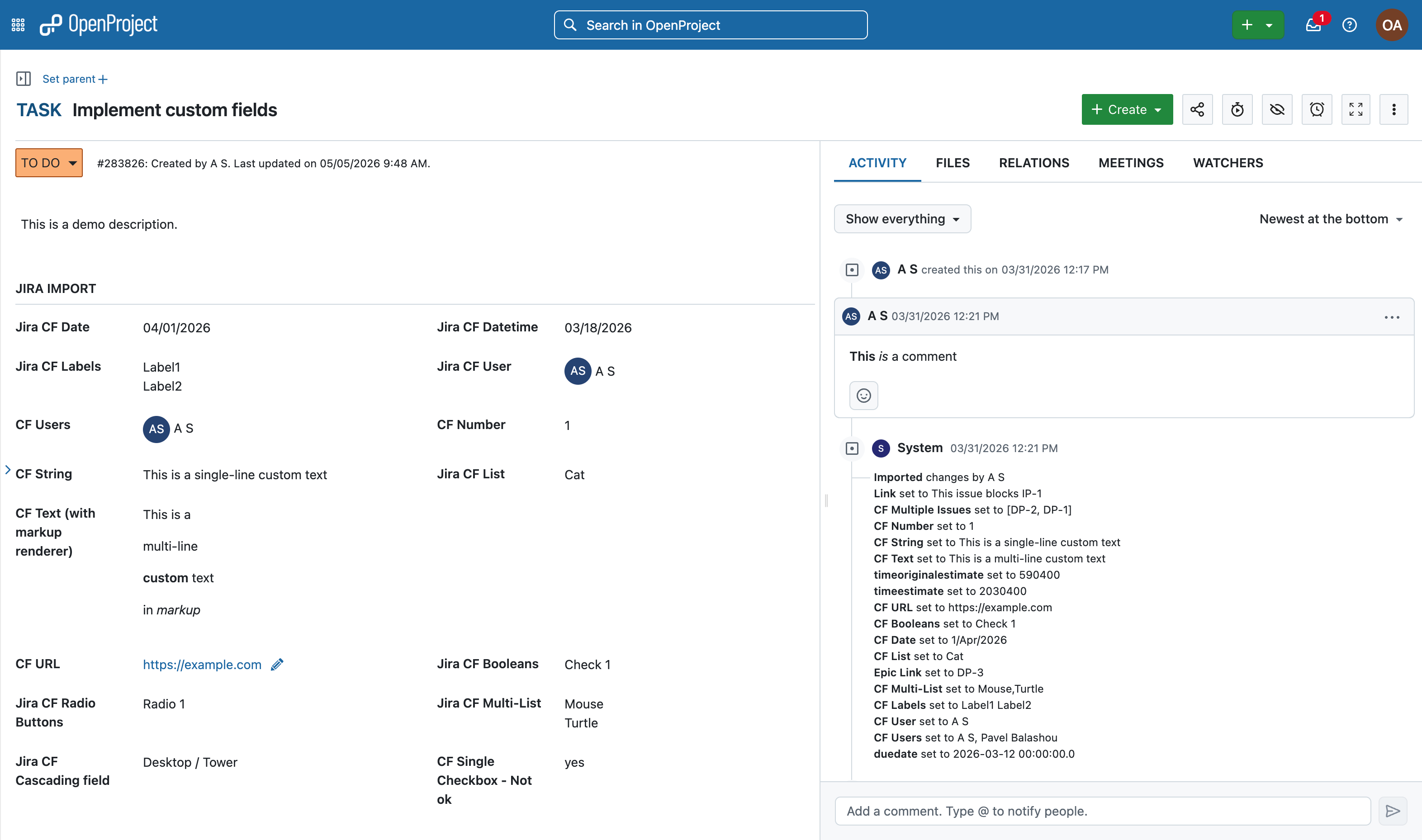 Arbeitspaket in OpenProject mit importierten selbstdefinierten Feldern aus Jira
