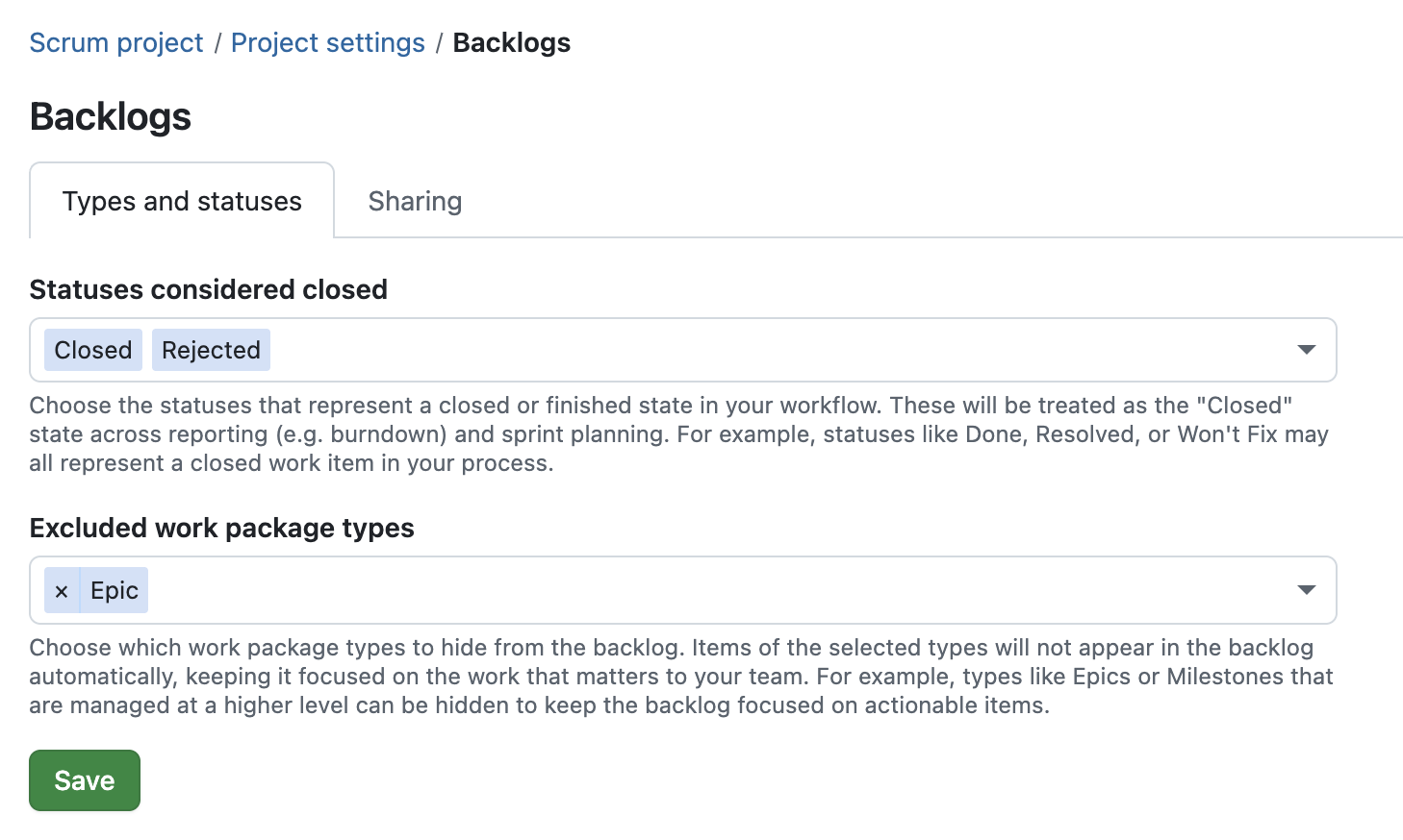 Backlogs settings in OpenProject: Excluded work package types with example ‘Candidate interview’