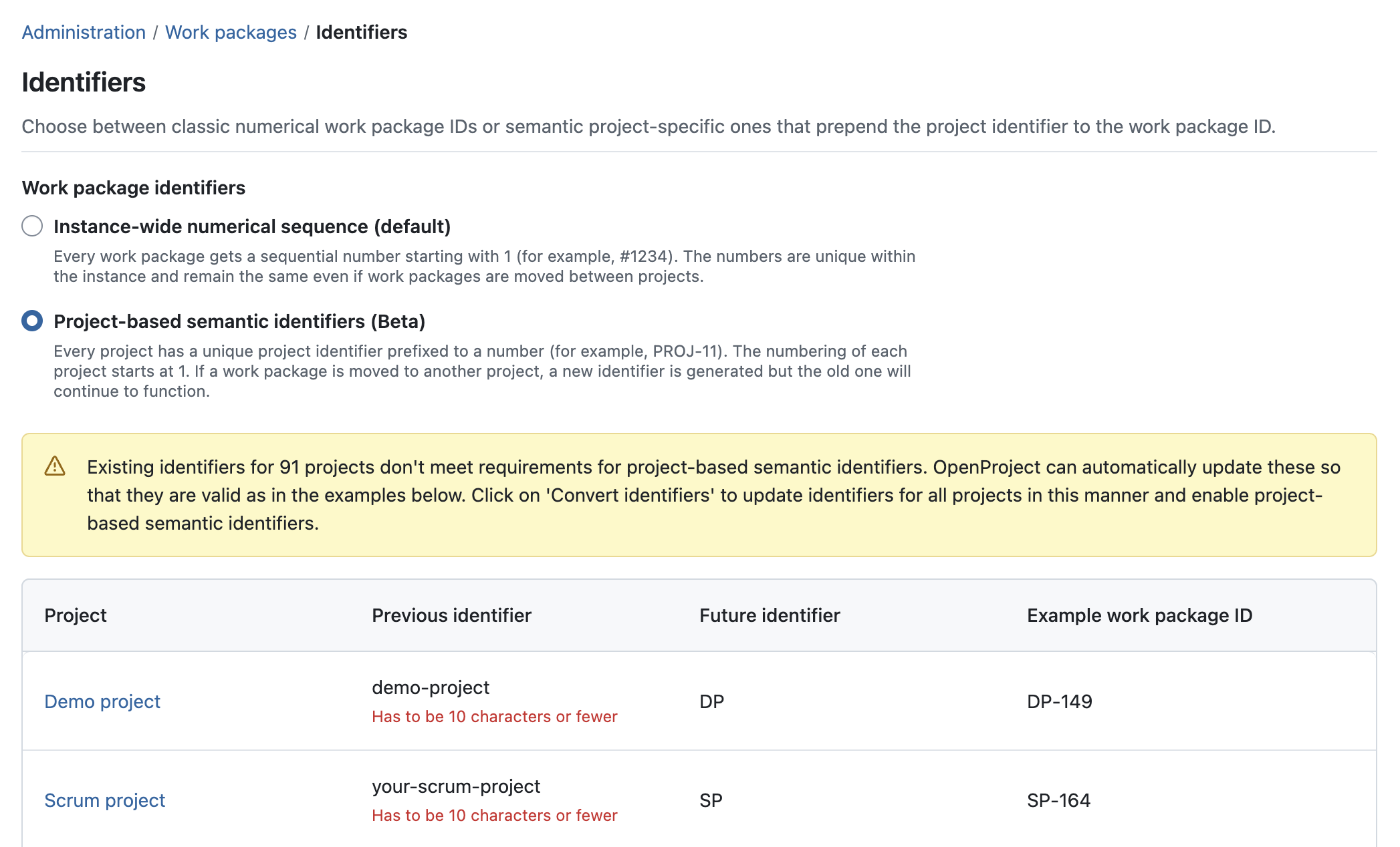 OpenProject administration setting to select either ‘Instance-wide numerical sequence (default)’ or ‘Project-based semantic identifiers’