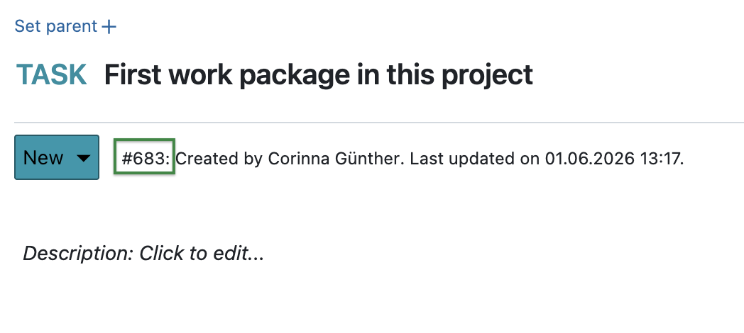 Screenshot of a work package with highlighted numerical ID next to the status, #683 in the example