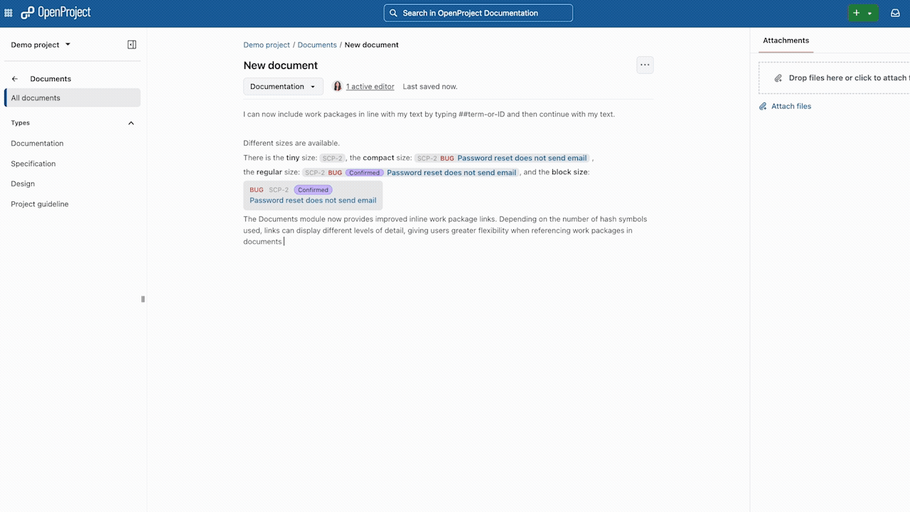 Gif showing how to create a link to a work package in documents in OpenProject, using hashtags to create different sizes.