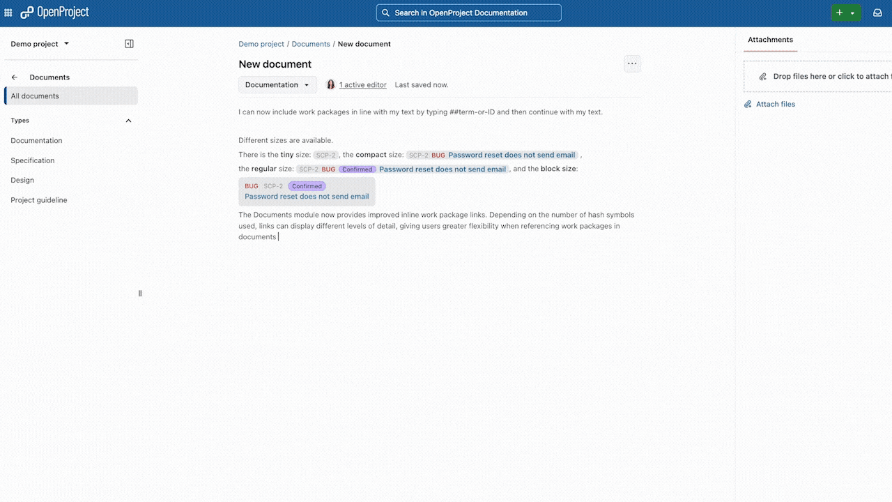Gif showing how to create a link to a work package in documents in OpenProject, using hashtags to create different sizes.