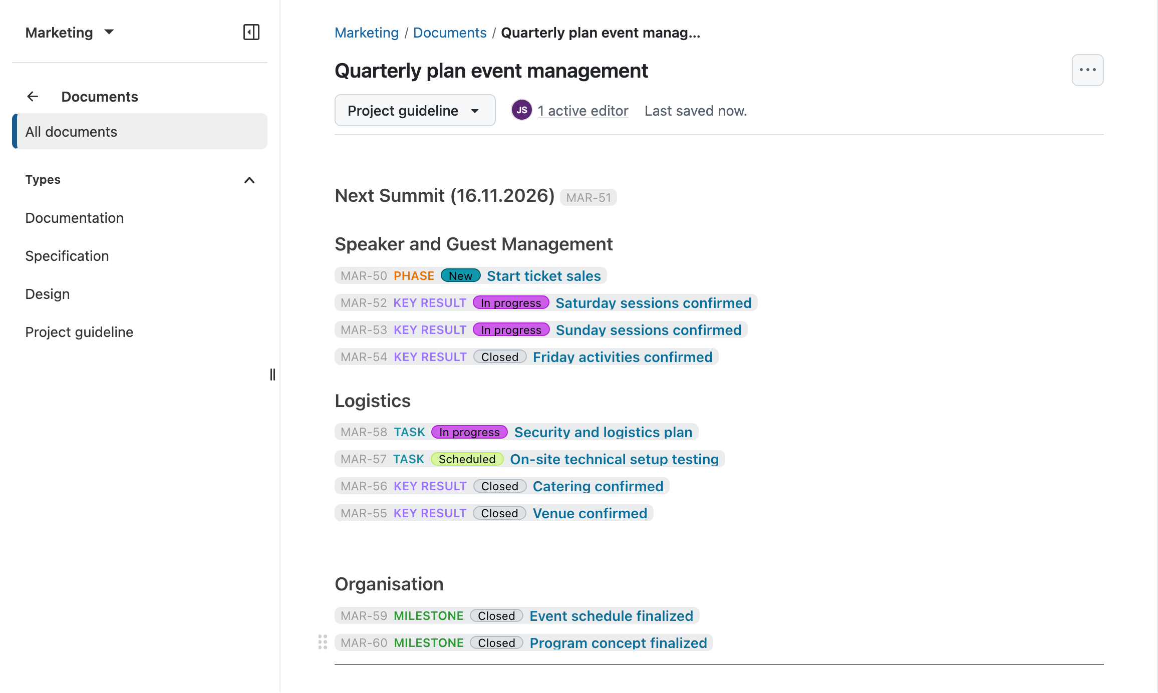 Screenshot showing a quarterly plan for event management. In different sections like “logistics” or “speaker and guest management”, different work packages are linked and displayed with some attributes.