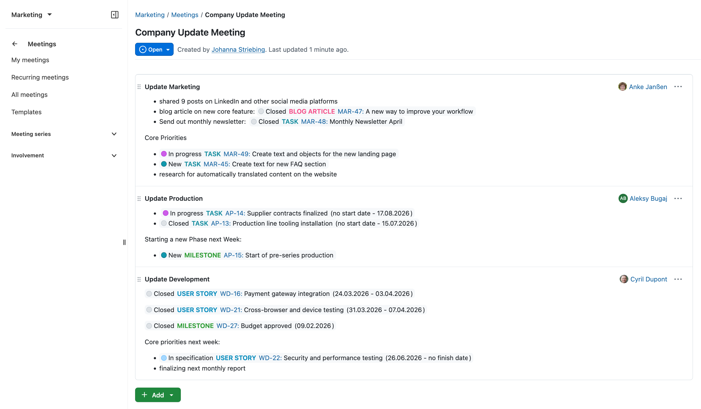 Screenshot showing meeting notes of a weekly company update meeting. The agenda items are filled with text, including linked work packages.