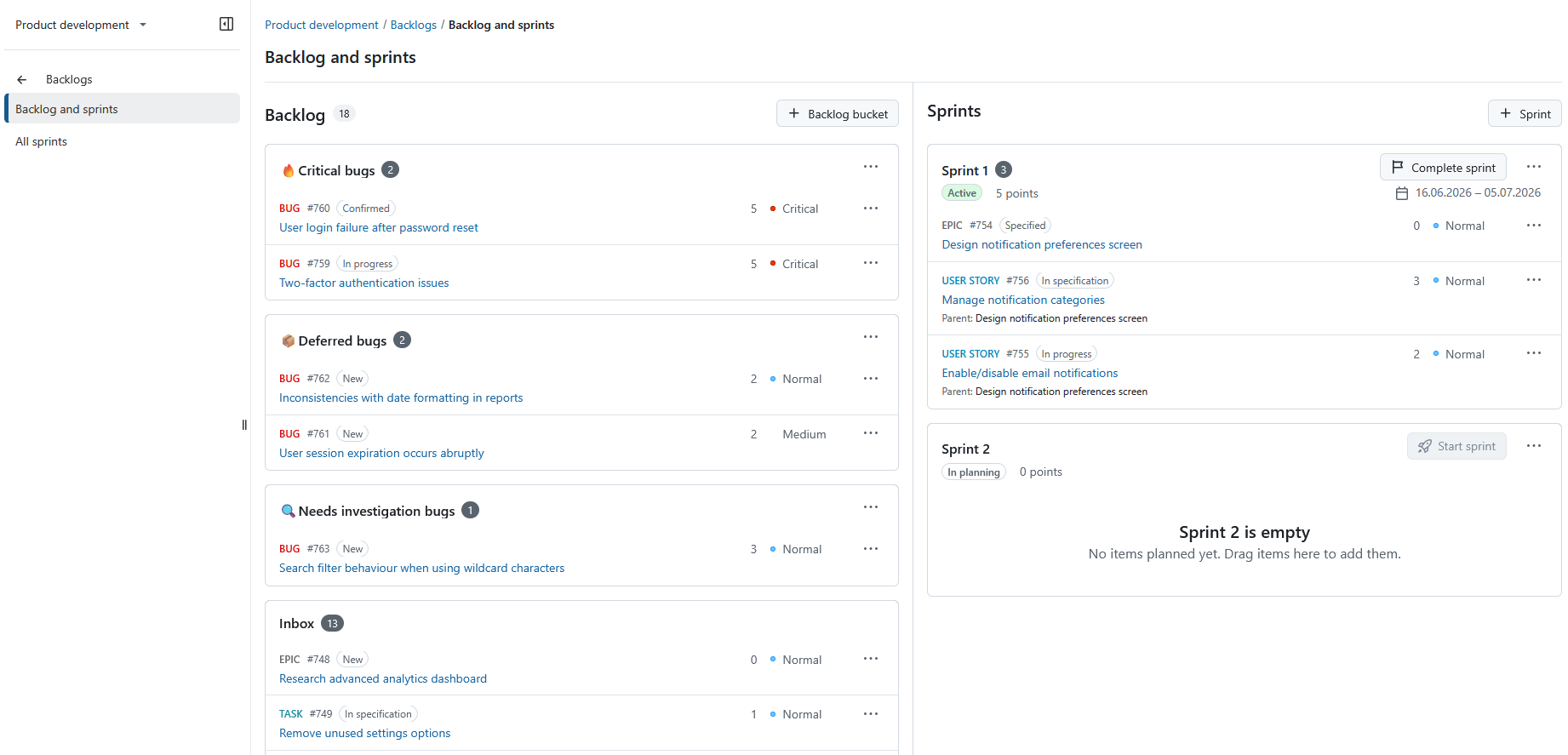 An example of Backlog buckets for organizing bugs