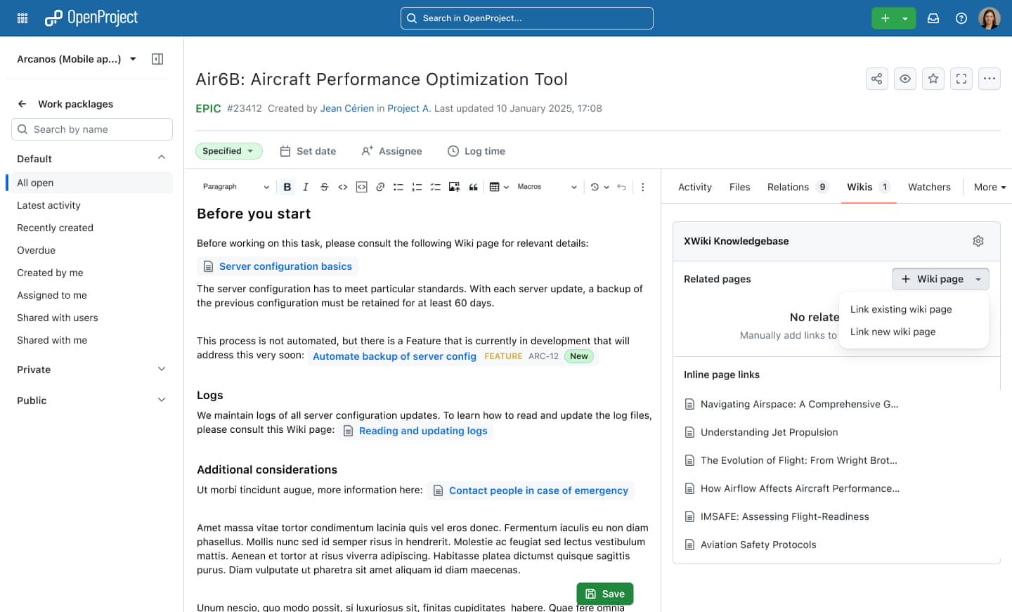 OpenProject XWiki integration (PREVIEW): Add wikis from XWiki to the new “Wiki” work package tab