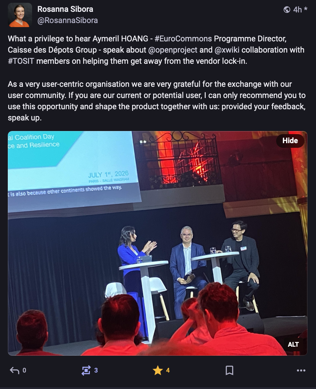 Post by Rosanna Sibora on Mastodon about the EuroCommons Coalition Day and the OpenProject and XWiki collaboration with TOSIT members