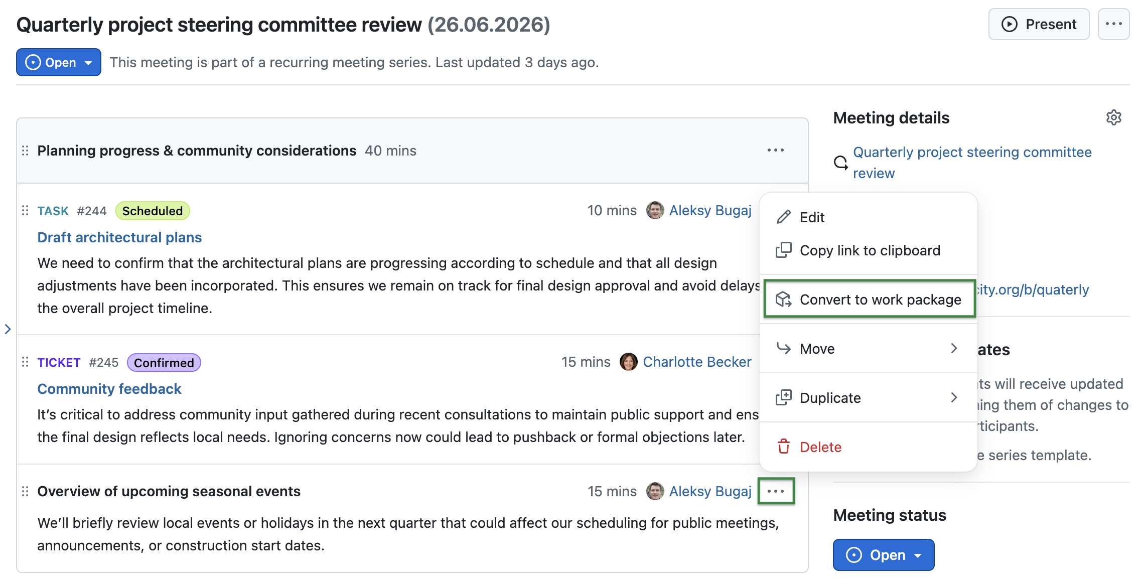 Meeting with agenda item three dots (more) menu opened and option to “Convert to work package”