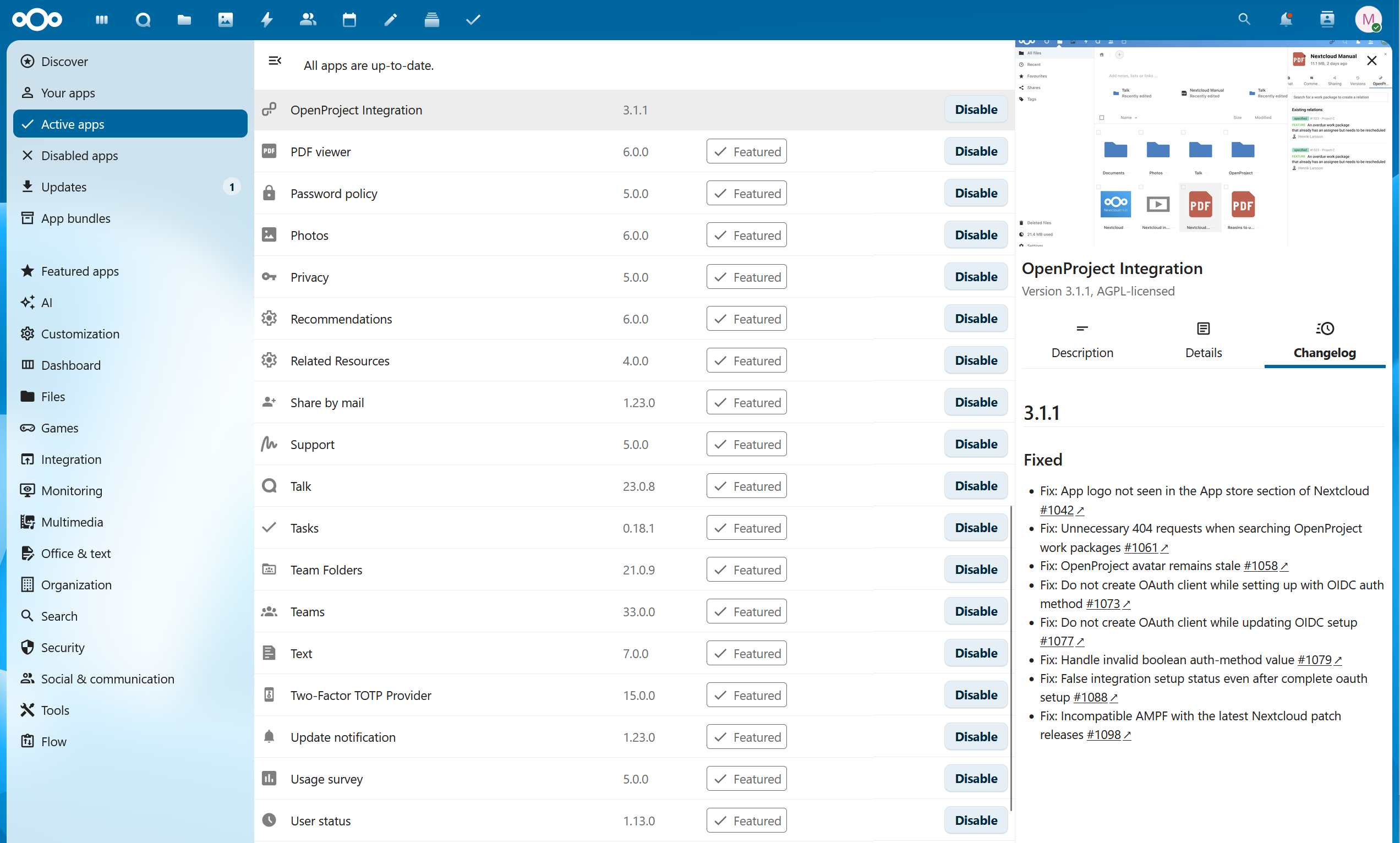 OpenProject integration app for Nextcloud released in version 3.1.1