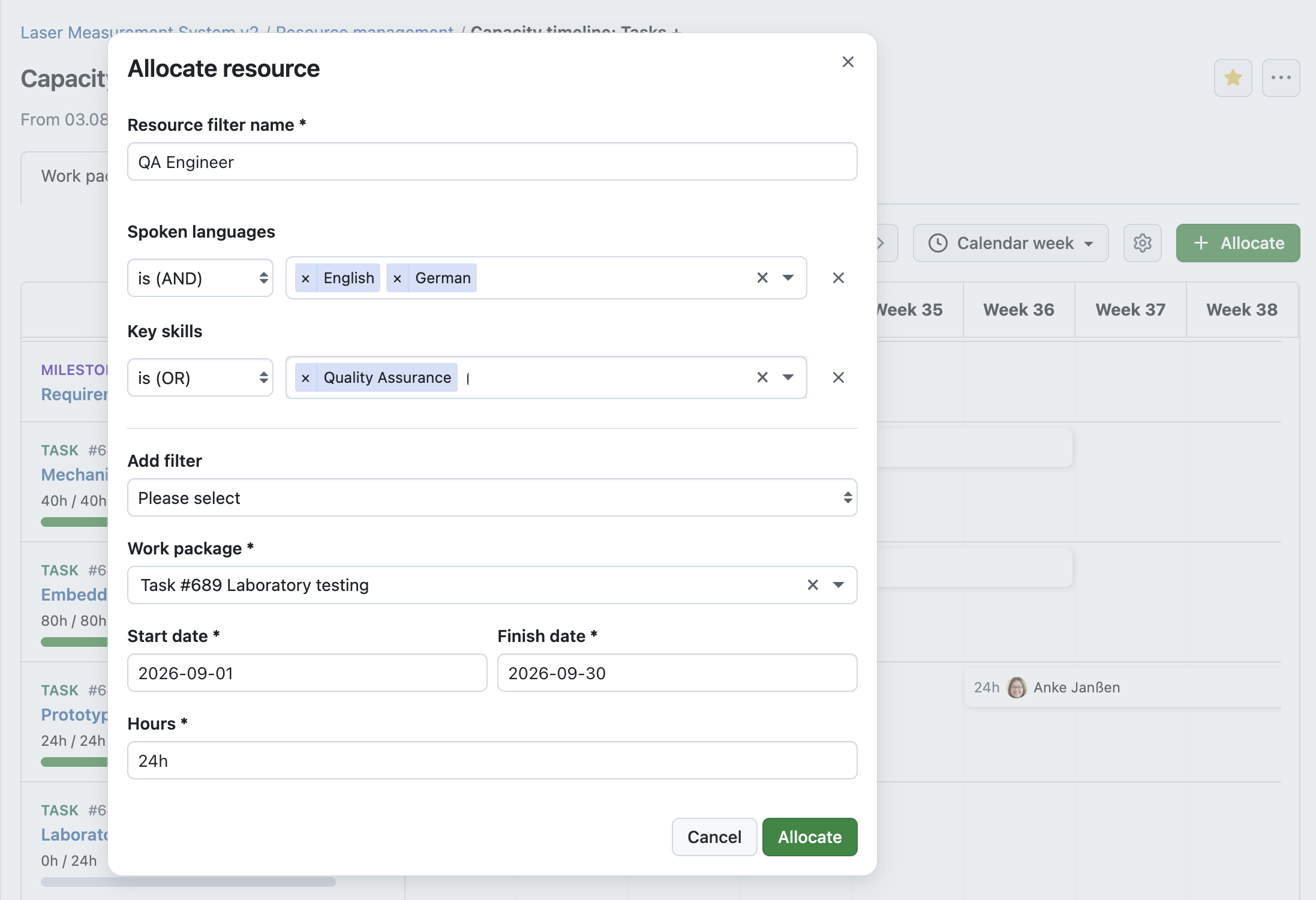 OpenProject’s Resource planner shows a resource allocation being created for Laboratory testing using required skills, languages, and availability instead of assigning a specific person.