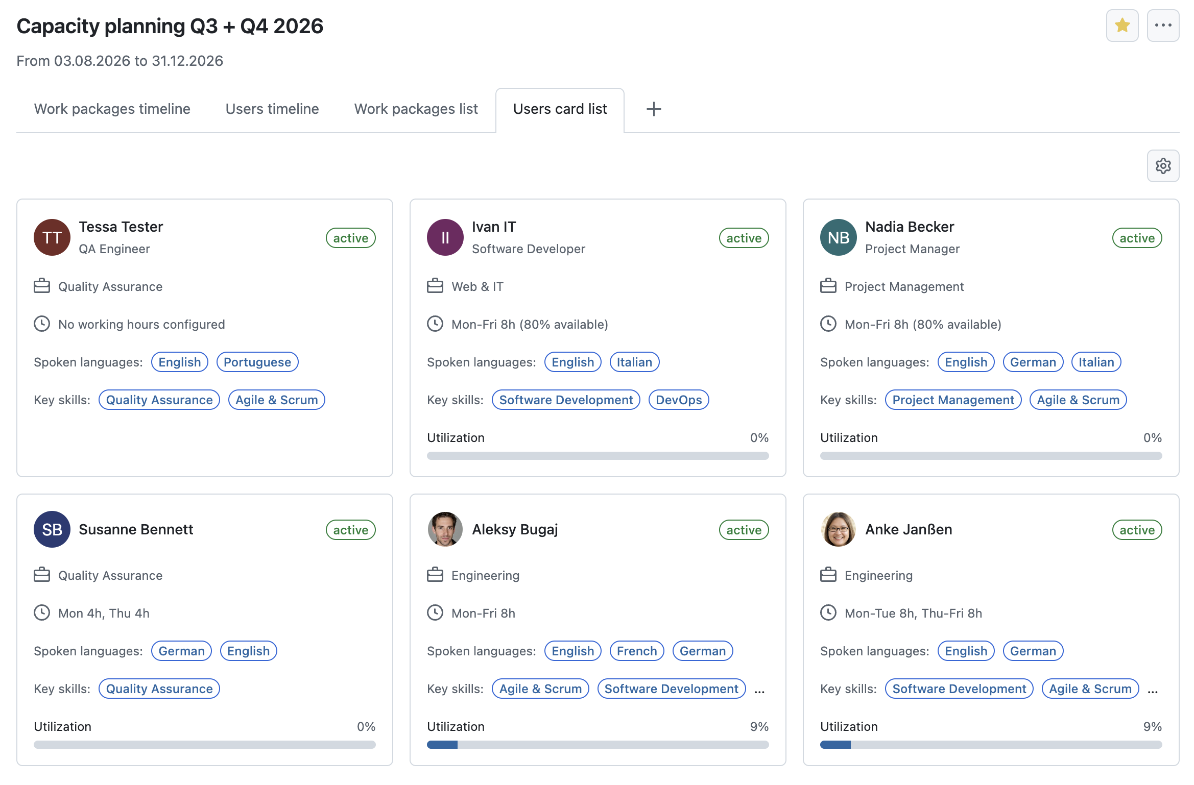 OpenProject’s Users card list displays user attributes such as department, job title, spoken languages, key skills, working hours, and utilization to support resource planning.