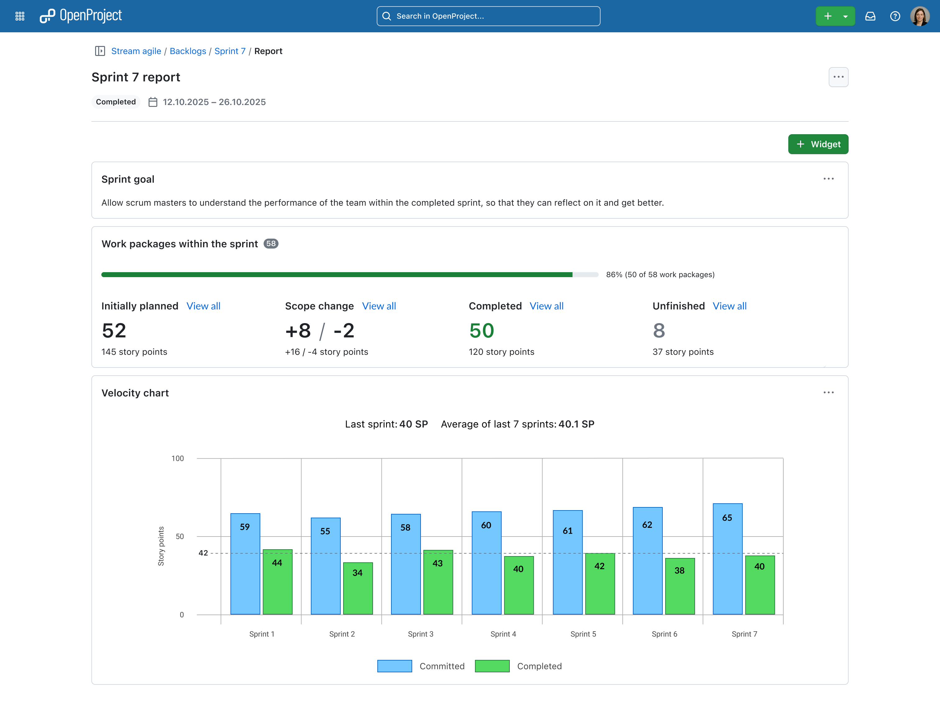 Aperçu de la nouvelle page de rapport de sprint d’OpenProject, présentant l’objectif du sprint, la vue d’ensemble des lots de travaux et le graphique de vélocité