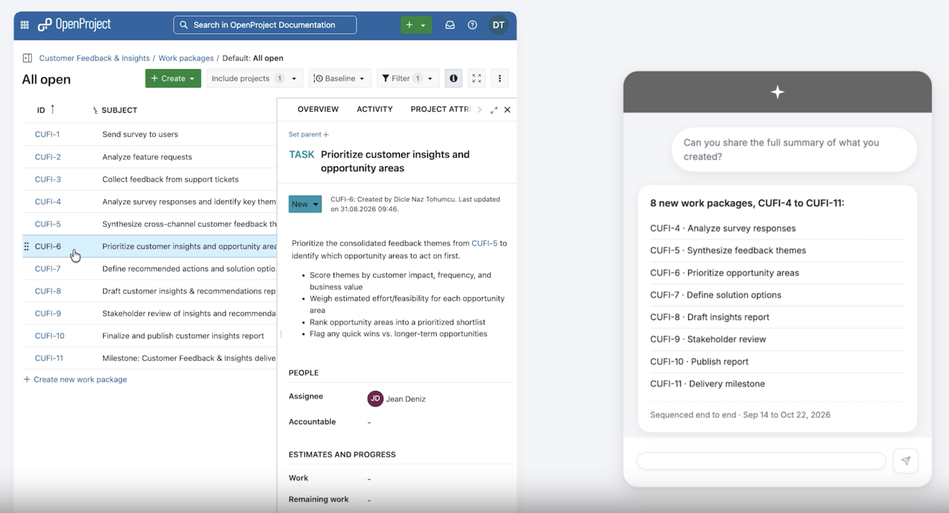New work packages created in OpenProject with a connected AI assistant via the MCP Server
