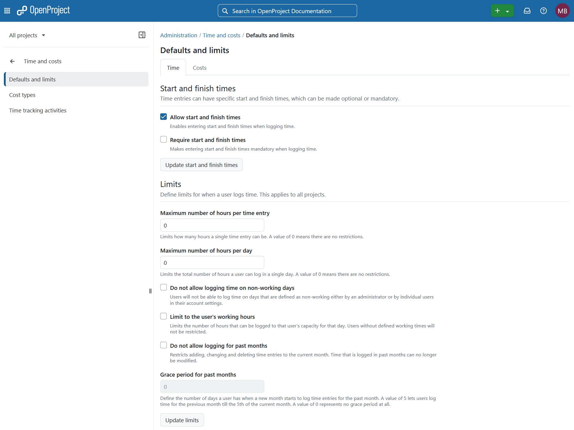 OpenProject administration for Time and costs / Defaults and limits