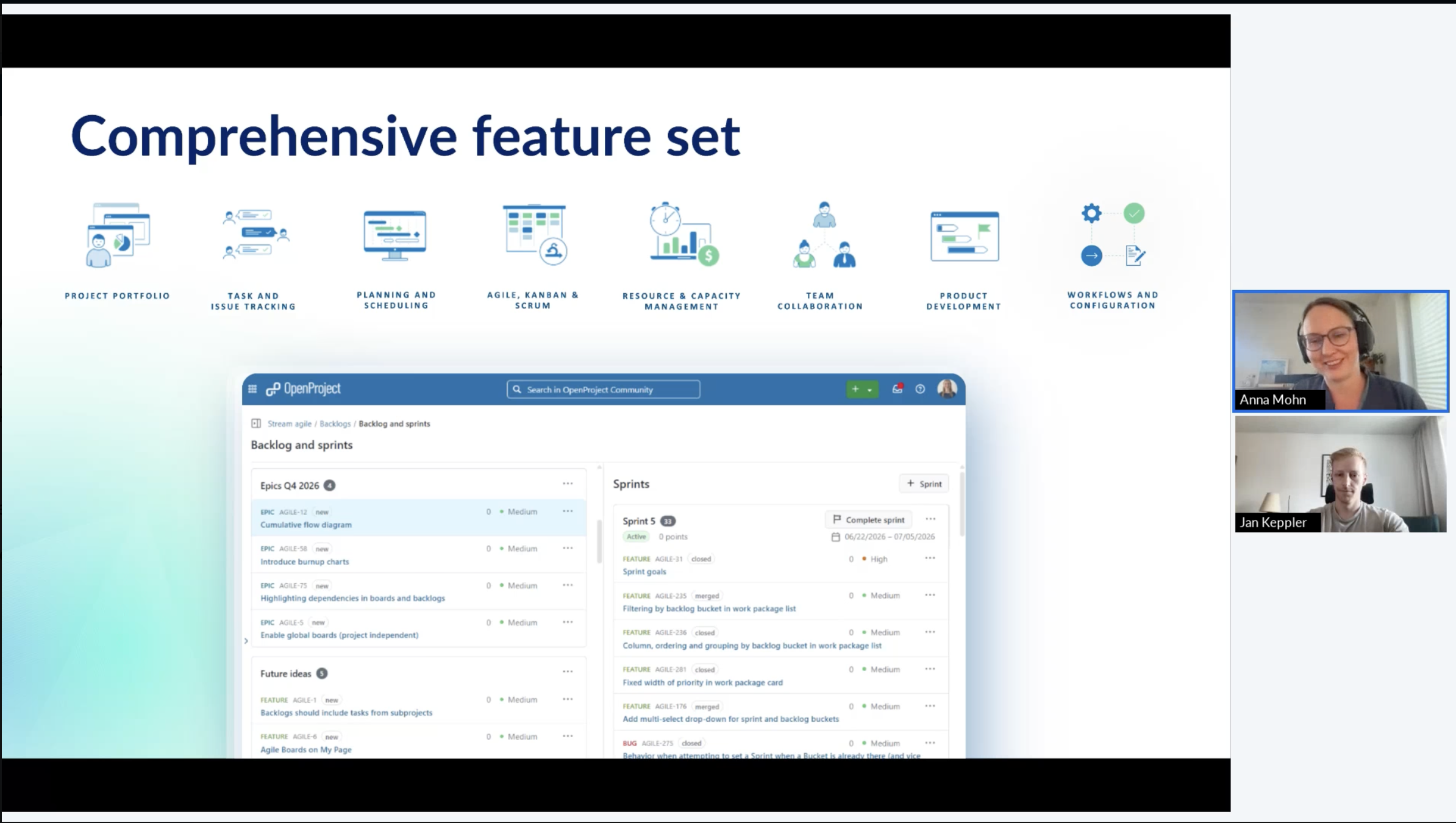 OpenProject live Q&amp;A webinar showing the comprehensive feature set and the Backlogs and Sprints view