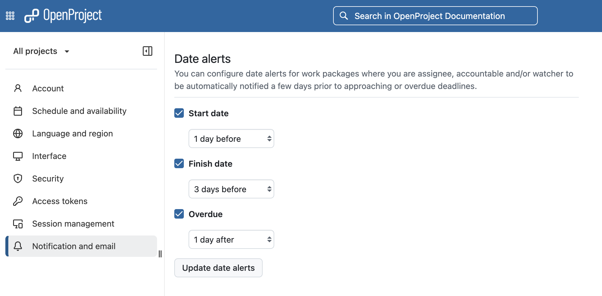 Configuration des alertes de date pour les dates de début, les dates de fin et les lots de travail en retard dans OpenProject